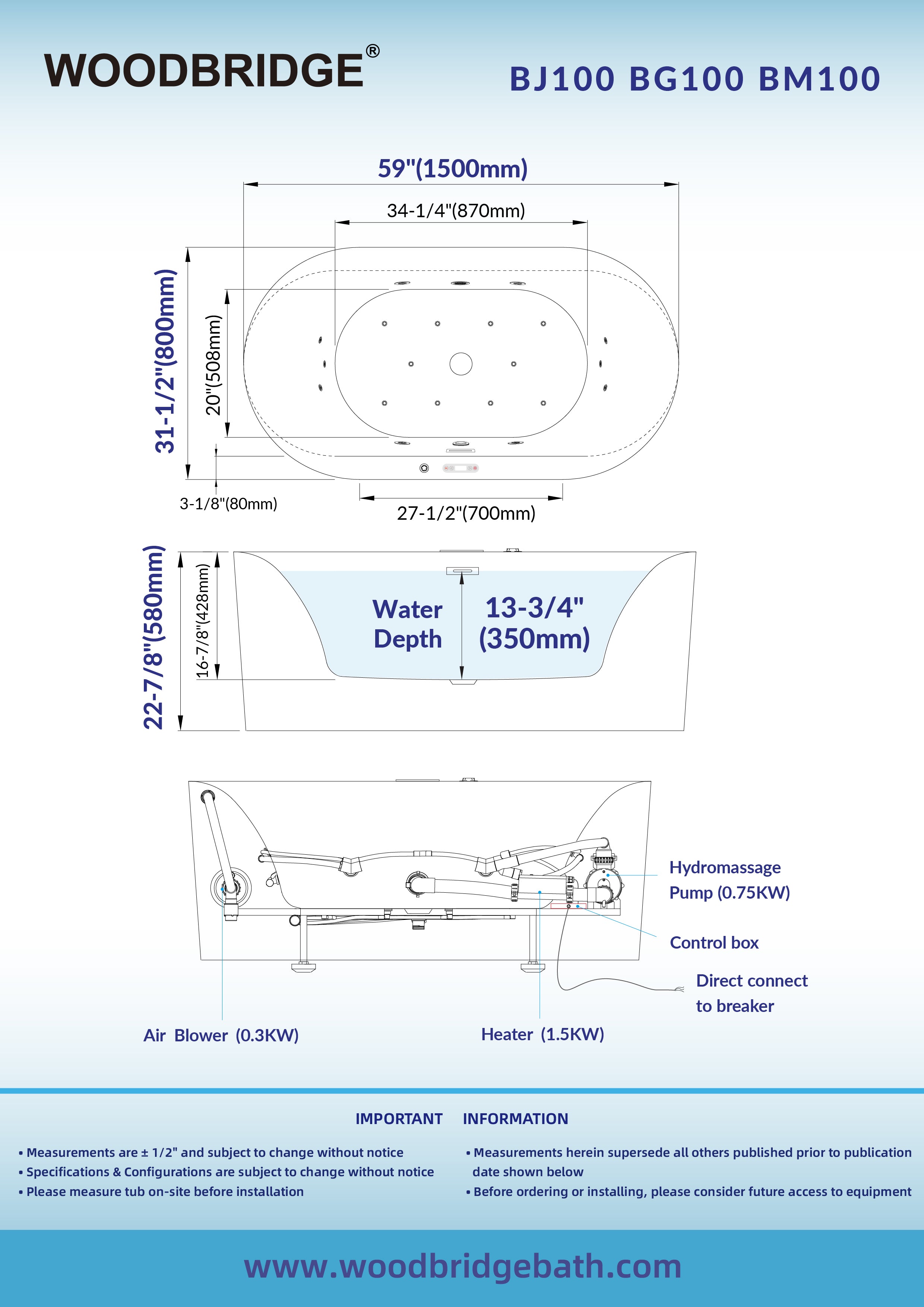 WOODBRIDGE 59" x 31-1/2" Whirlpool Water Jetted and Air Bubble Freestanding Heated Soaking Combination Bathtub with LED control panel