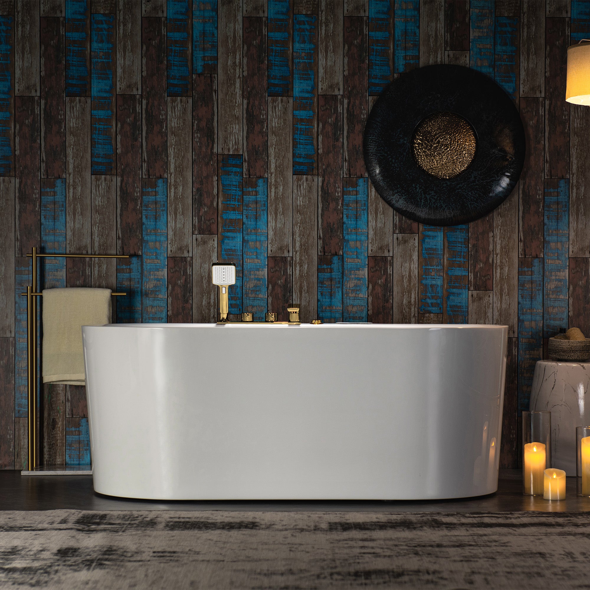WOODBRIDGE 59" x 31-1/2" Whirlpool and Air Bath Heated Soaking Combination Tub with Adjustable Speed Air Blower, Faucet and Display Control Panel, Brushed Gold Finish Trim and Drain Kit
