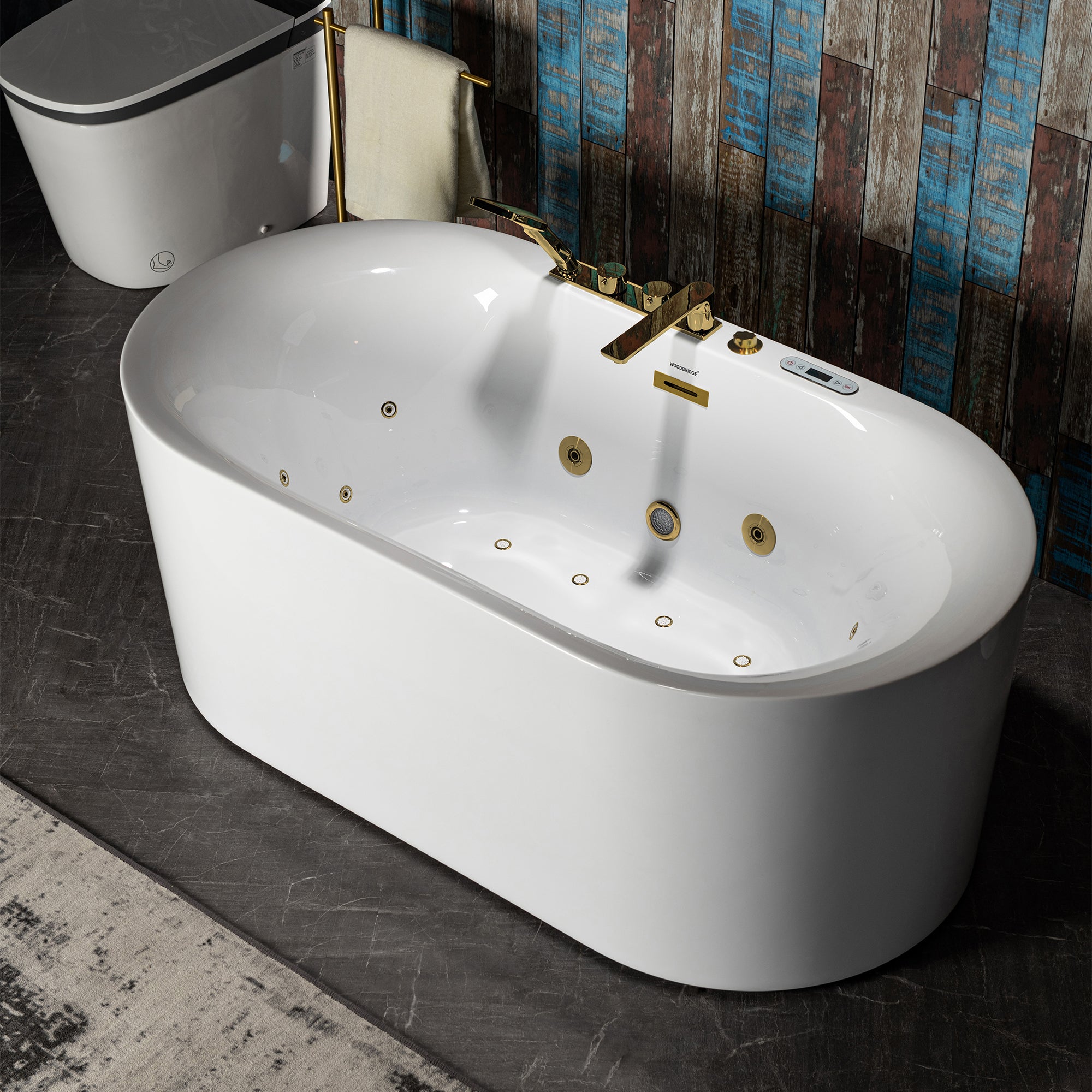 WOODBRIDGE 59" x 31-1/2" Whirlpool and Air Bath Heated Soaking Combination Tub with Adjustable Speed Air Blower, Faucet and Display Control Panel, Brushed Gold Finish Trim and Drain Kit