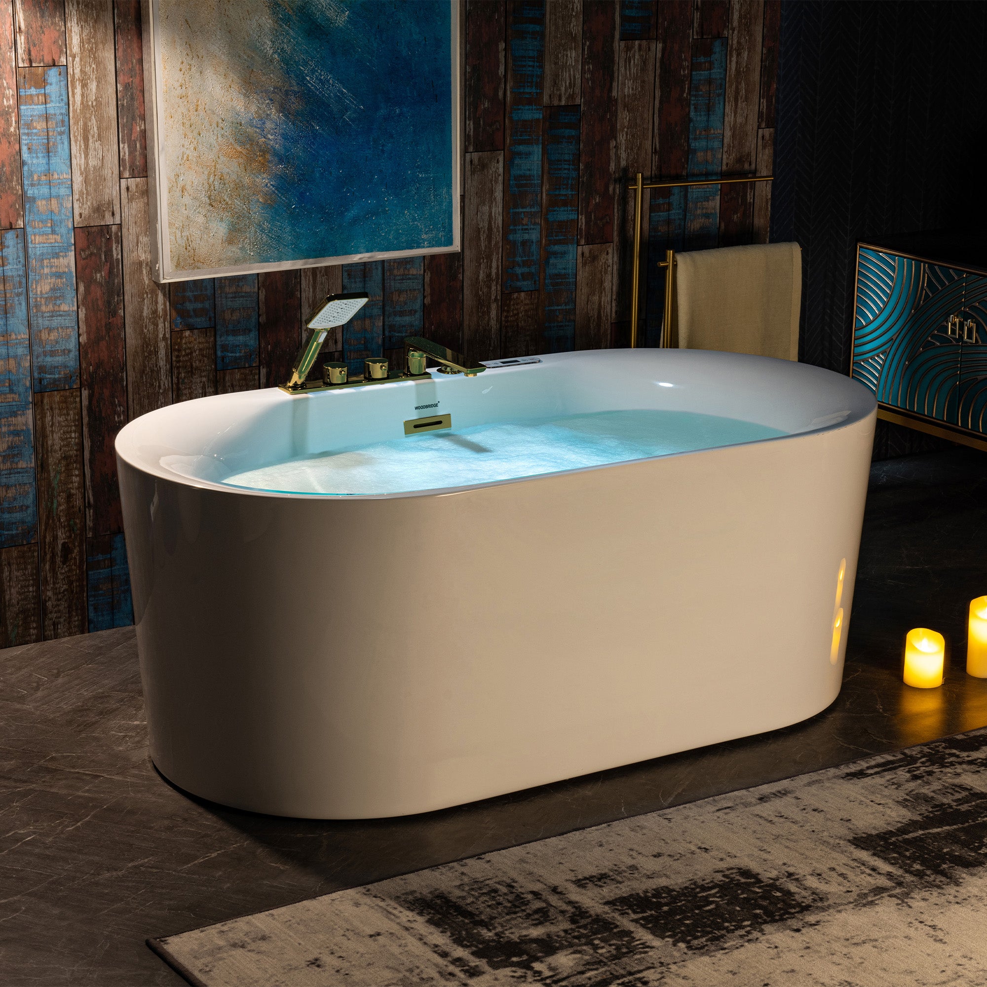 WOODBRIDGE 59" x 31-1/2" Whirlpool and Air Bath Heated Soaking Combination Tub with Adjustable Speed Air Blower, Faucet and Display Control Panel, Brushed Gold Finish Trim and Drain Kit