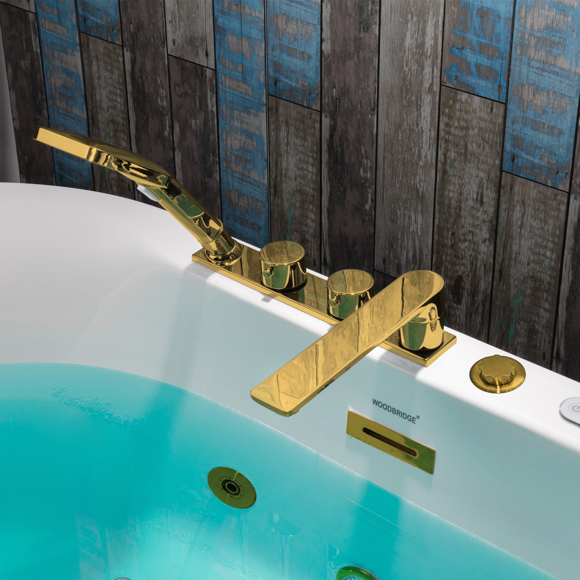 WOODBRIDGE 59" x 31-1/2" Whirlpool and Air Bath Heated Soaking Combination Tub with Adjustable Speed Air Blower, Faucet and Display Control Panel, Brushed Gold Finish Trim and Drain Kit
