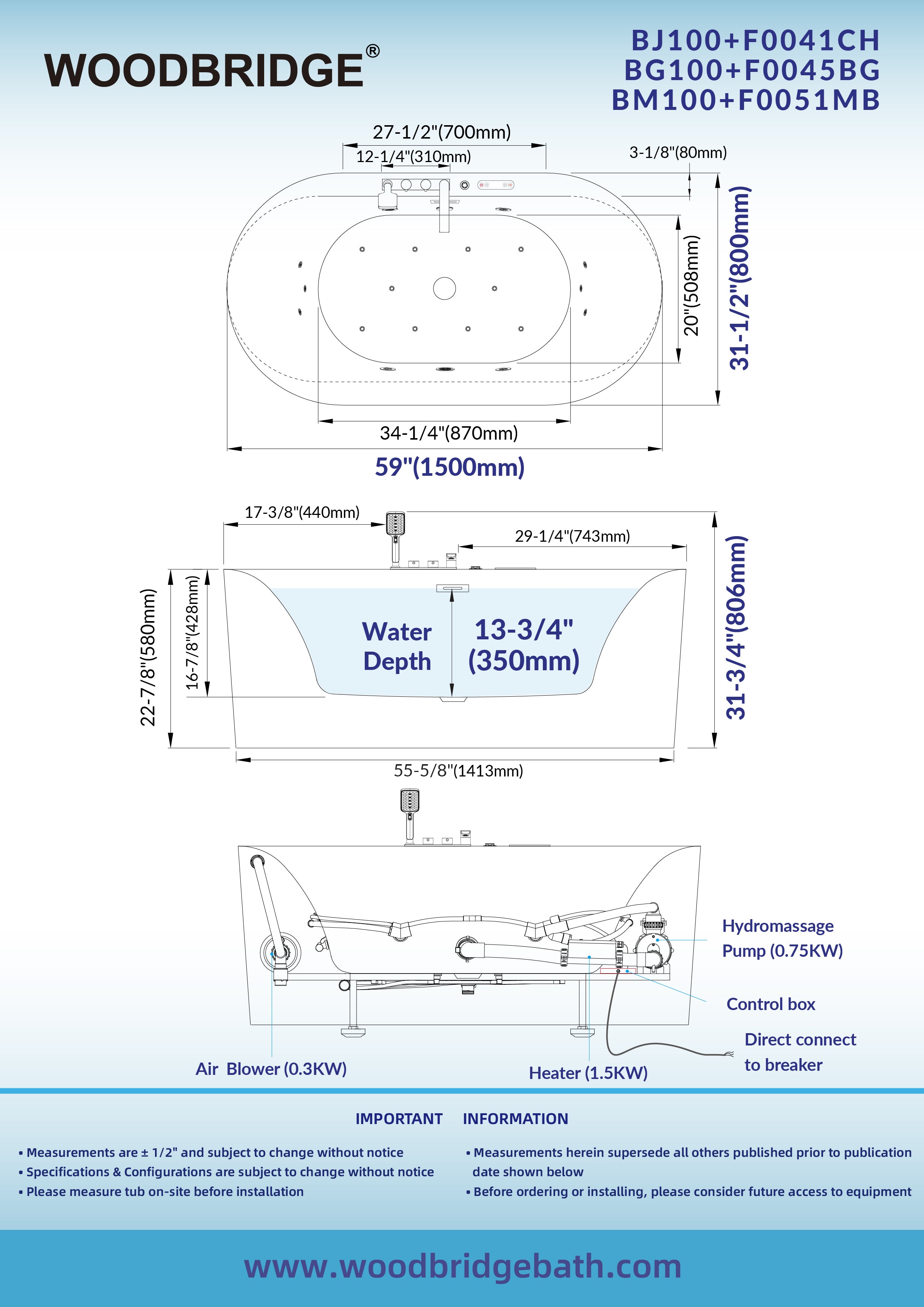 WOODBRIDGE 59" x 31-1/2" Whirlpool and Air Bath Heated Soaking Combination Tub with Adjustable Speed Air Blower, Faucet and Display Control Panel, Brushed Gold Finish Trim and Drain Kit