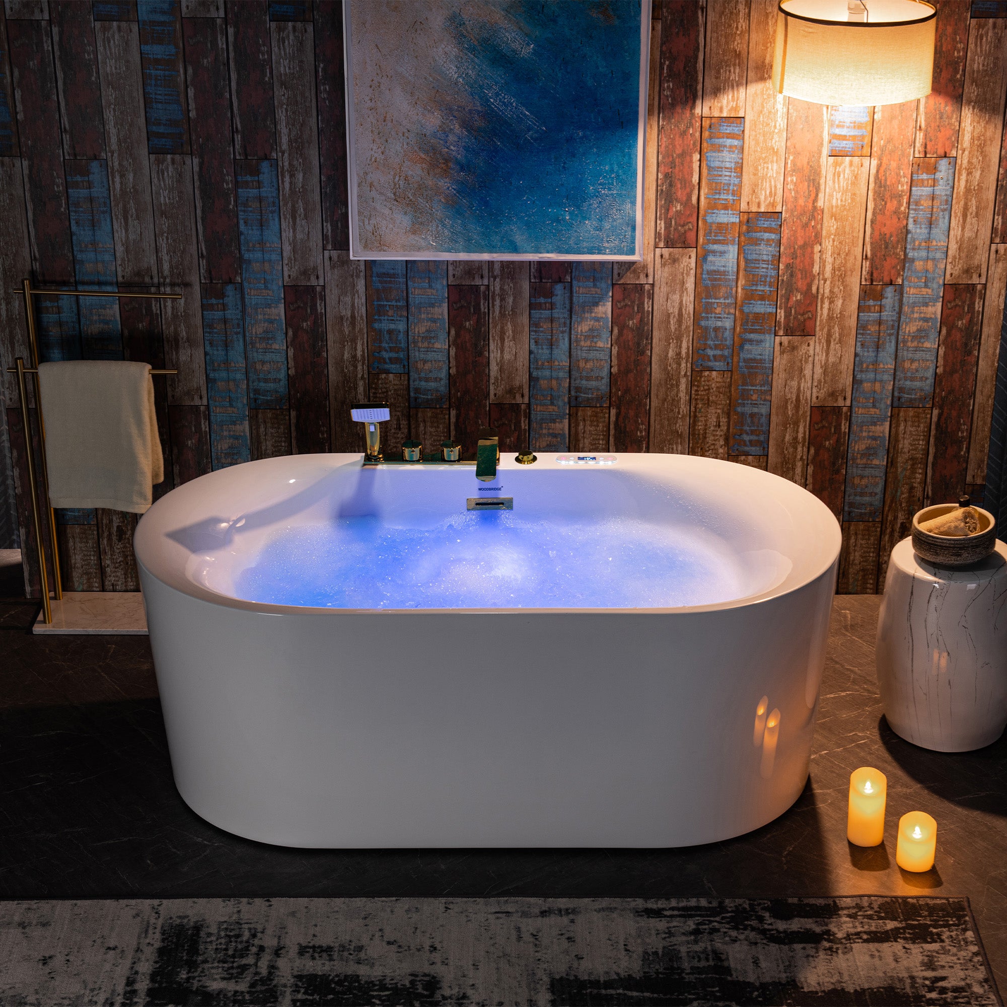 WOODBRIDGE 59" x 31-1/2" Whirlpool and Air Bath Heated Soaking Combination Tub with Adjustable Speed Air Blower, Faucet and Display Control Panel, Brushed Gold Finish Trim and Drain Kit