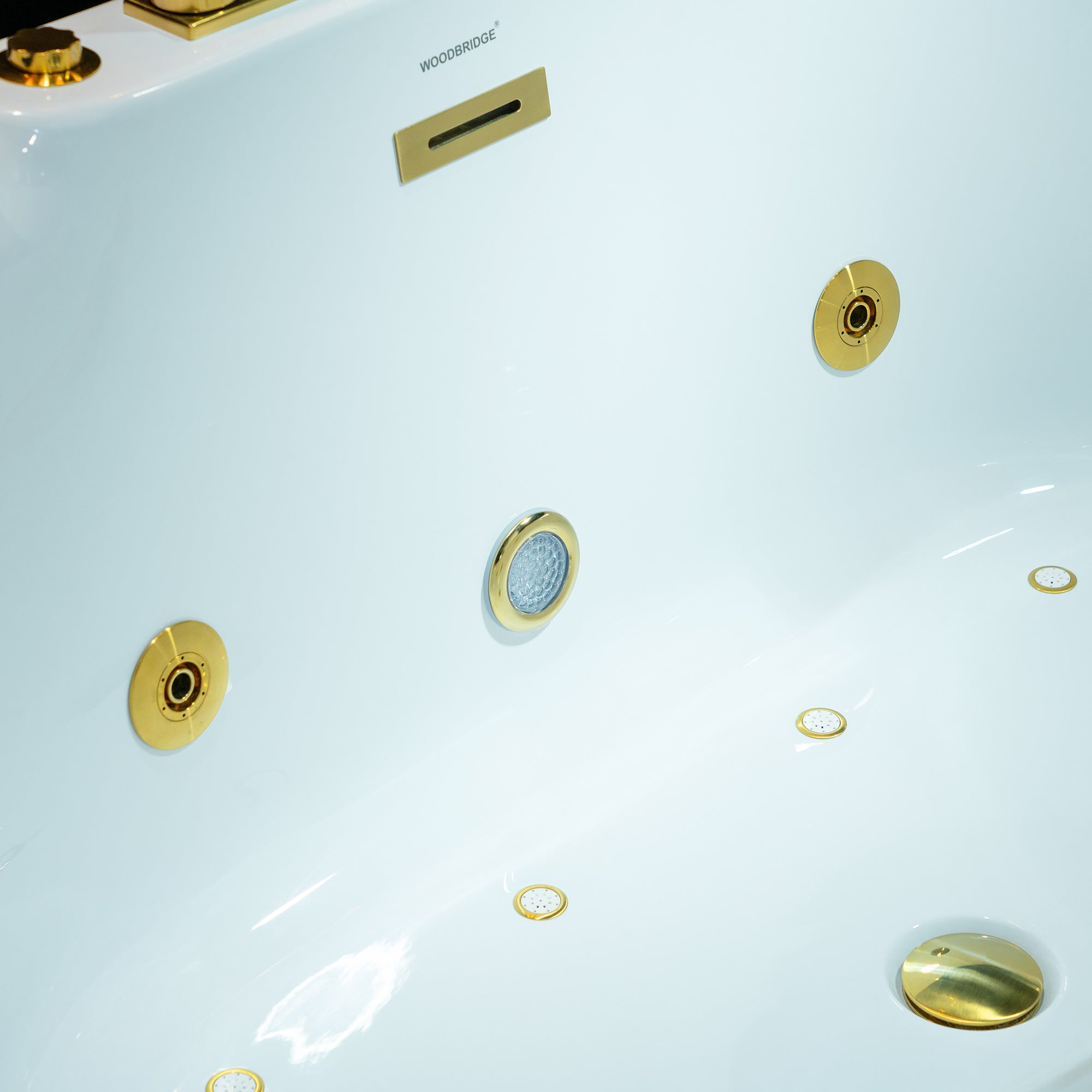 WOODBRIDGE 59" x 31-1/2" Whirlpool and Air Bath Heated Soaking Combination Tub with Adjustable Speed Air Blower, Faucet and Display Control Panel, Brushed Gold Finish Trim and Drain Kit