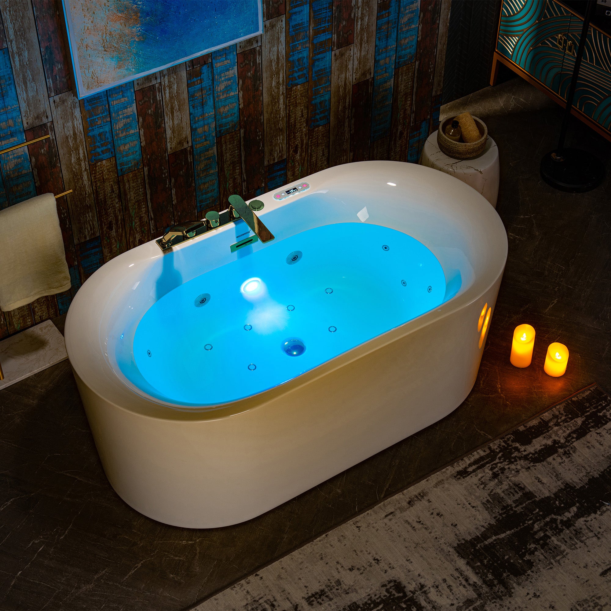 WOODBRIDGE 59" x 31-1/2" Whirlpool and Air Bath Heated Soaking Combination Tub with Adjustable Speed Air Blower, Faucet and Display Control Panel, Brushed Gold Finish Trim and Drain Kit
