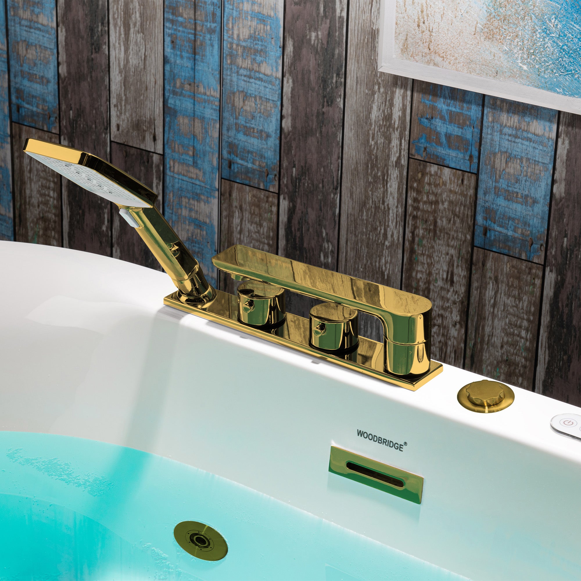 WOODBRIDGE 59" x 31-1/2" Whirlpool and Air Bath Heated Soaking Combination Tub with Adjustable Speed Air Blower, Faucet and Display Control Panel, Brushed Gold Finish Trim and Drain Kit