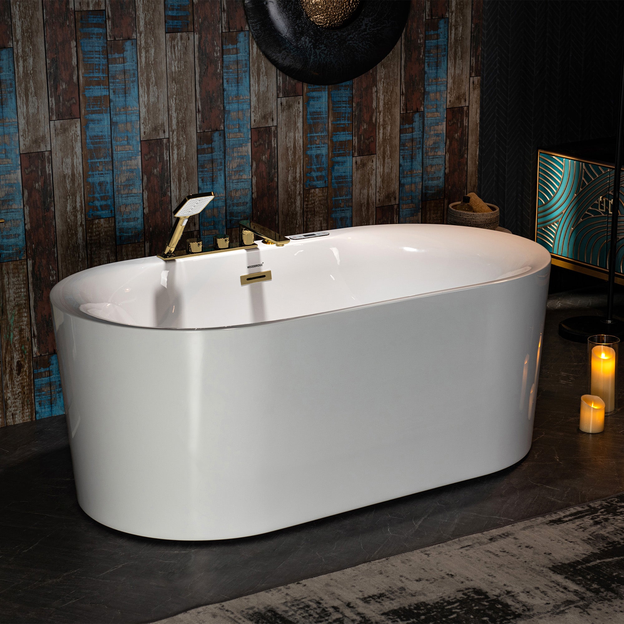 WOODBRIDGE 59" x 31-1/2" Whirlpool and Air Bath Heated Soaking Combination Tub with Adjustable Speed Air Blower, Faucet and Display Control Panel, Brushed Gold Finish Trim and Drain Kit