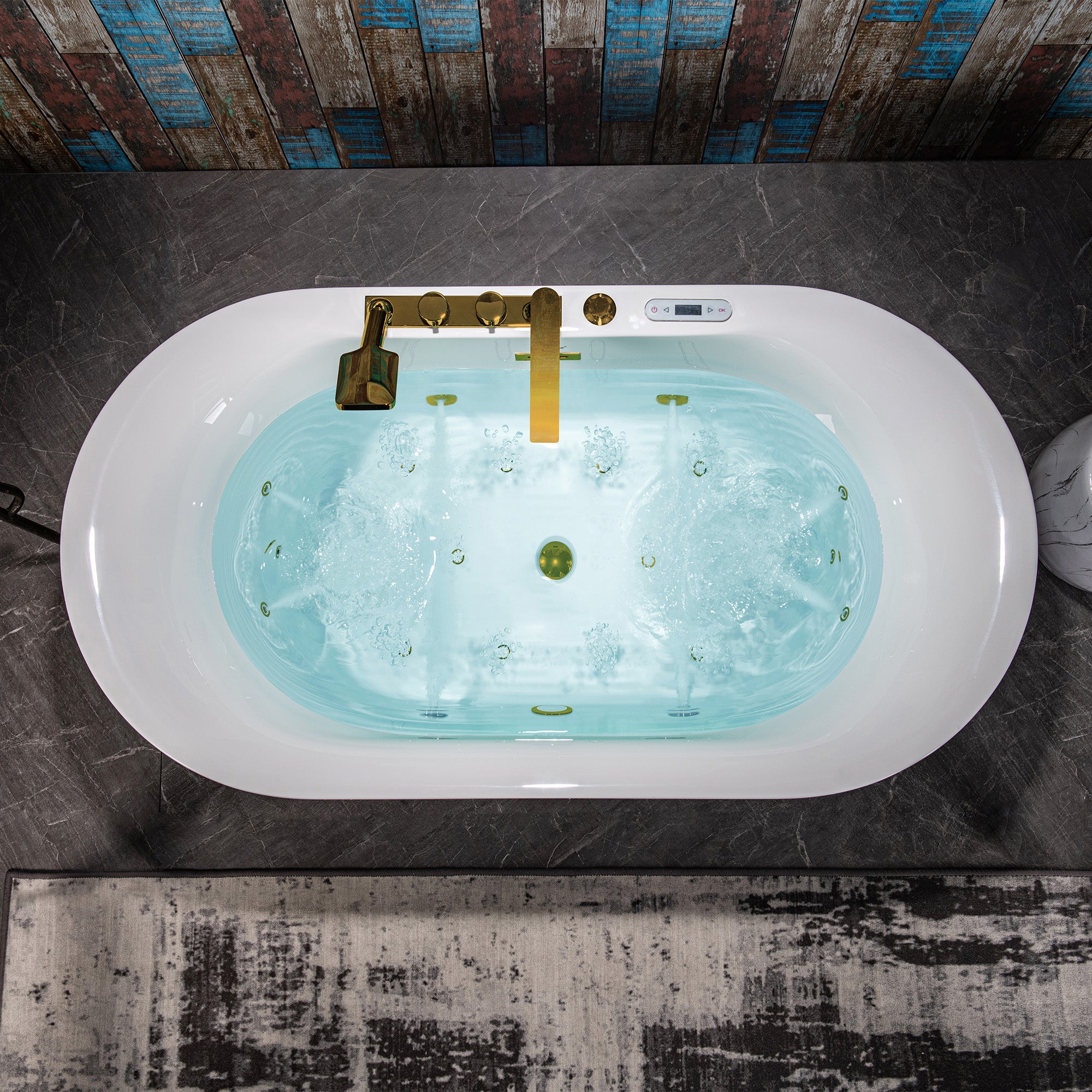 WOODBRIDGE 59" x 31-1/2" Whirlpool and Air Bath Heated Soaking Combination Tub with Adjustable Speed Air Blower, Faucet and Display Control Panel, Brushed Gold Finish Trim and Drain Kit
