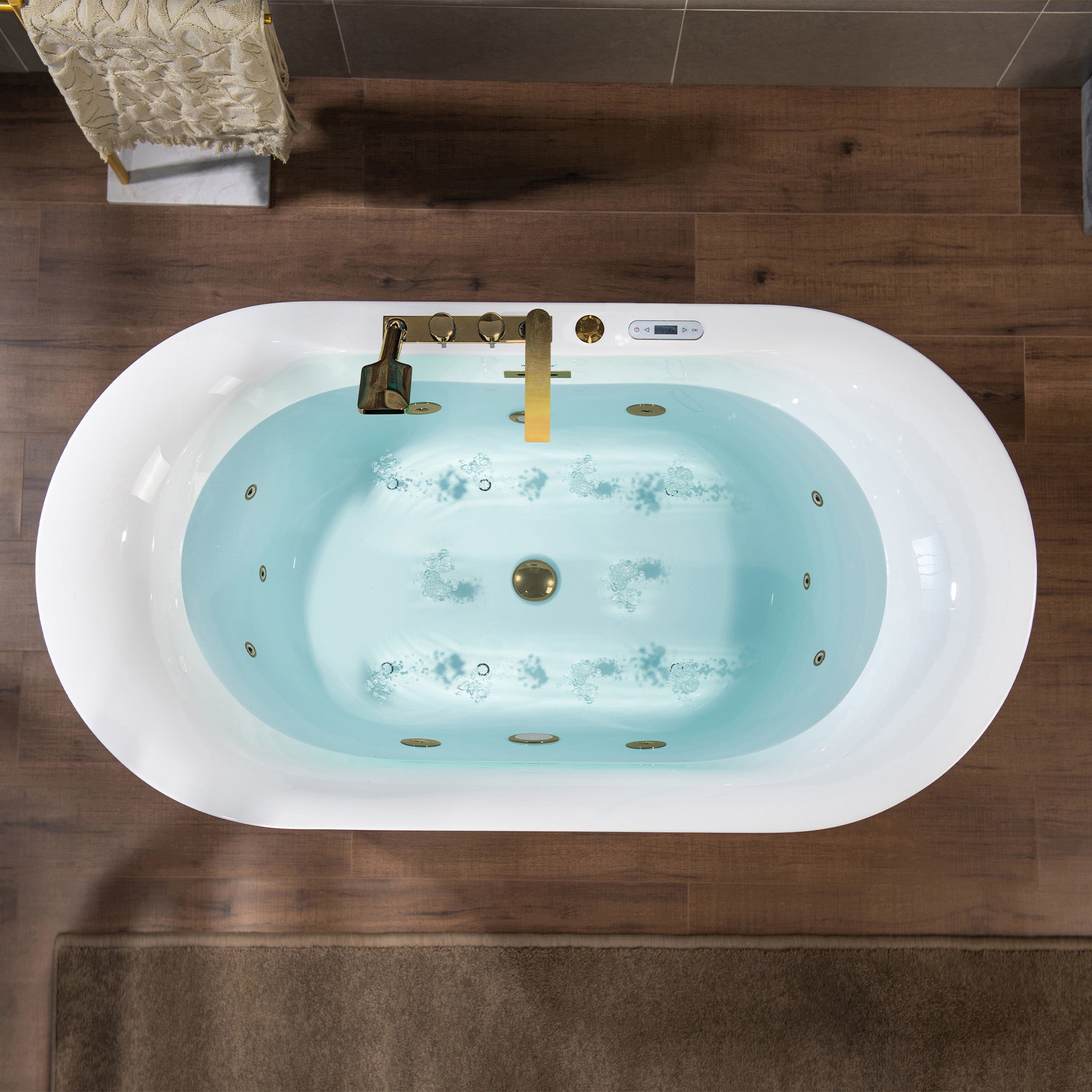 WOODBRIDGE 59" x 31-1/2" Whirlpool and Air Bath Heated Soaking Combination Tub with Adjustable Speed Air Blower, Faucet and Display Control Panel, Brushed Gold Finish Trim and Drain Kit