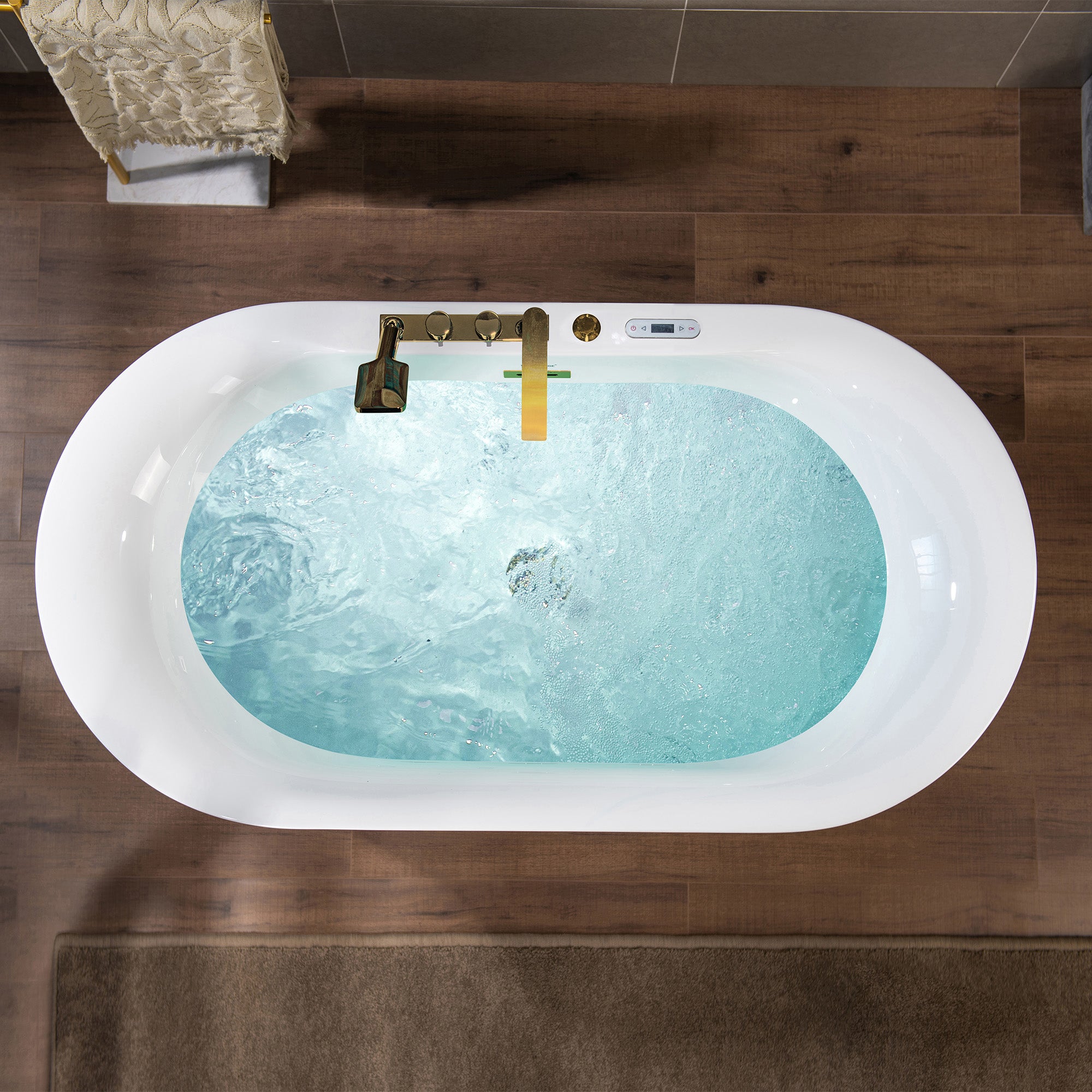 WOODBRIDGE 59" x 31-1/2" Whirlpool and Air Bath Heated Soaking Combination Tub with Adjustable Speed Air Blower, Faucet and Display Control Panel, Brushed Gold Finish Trim and Drain Kit