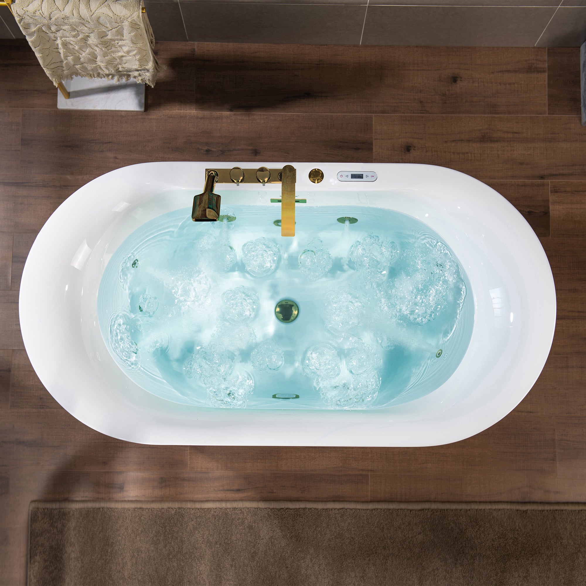 WOODBRIDGE 59" x 31-1/2" Whirlpool and Air Bath Heated Soaking Combination Tub with Adjustable Speed Air Blower, Faucet and Display Control Panel, Brushed Gold Finish Trim and Drain Kit