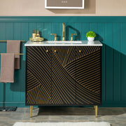 WOODBRIDGE 36" Modern Bathroom Vanity with White Engineered Stone Top, Undermount Sink & Hand-Painted Black/Gold Accents – Space-Saving Thin-Leg Design, Ideal for Small Bathrooms.