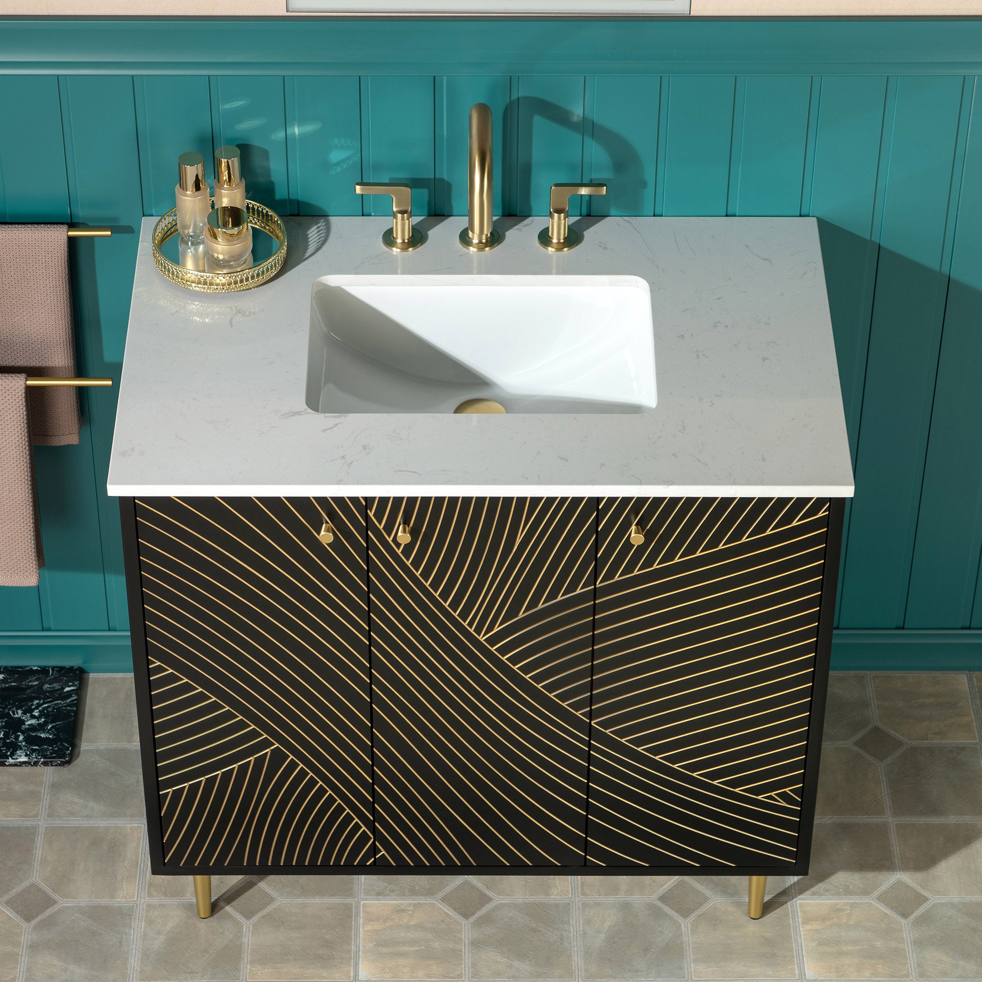 WOODBRIDGE 36" Modern Bathroom Vanity with White Engineered Stone Top, Undermount Sink & Hand-Painted Black/Gold Accents – Space-Saving Thin-Leg Design, Ideal for Small Bathrooms.