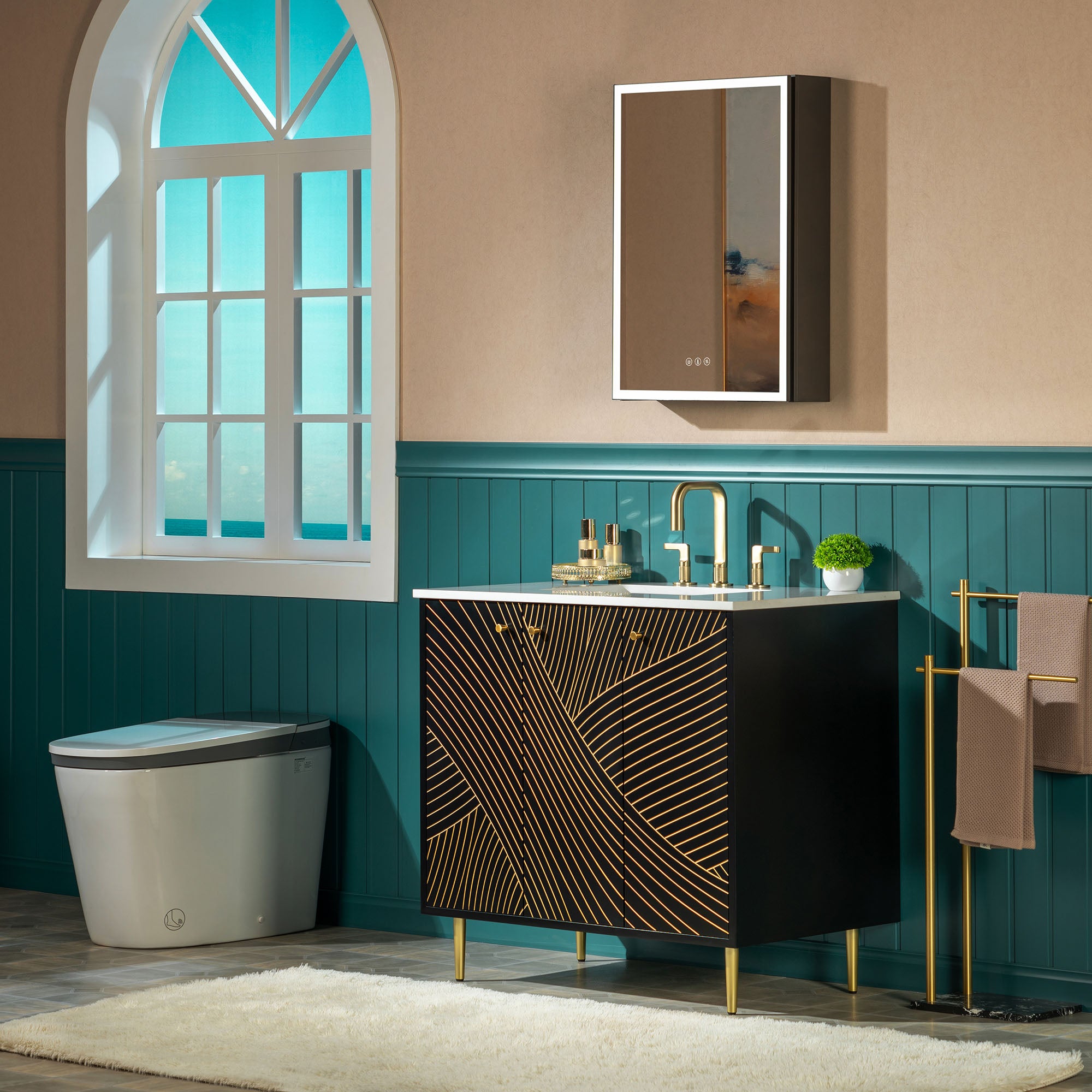 WOODBRIDGE 36" Modern Bathroom Vanity with White Engineered Stone Top, Undermount Sink & Hand-Painted Black/Gold Accents – Space-Saving Thin-Leg Design, Ideal for Small Bathrooms.