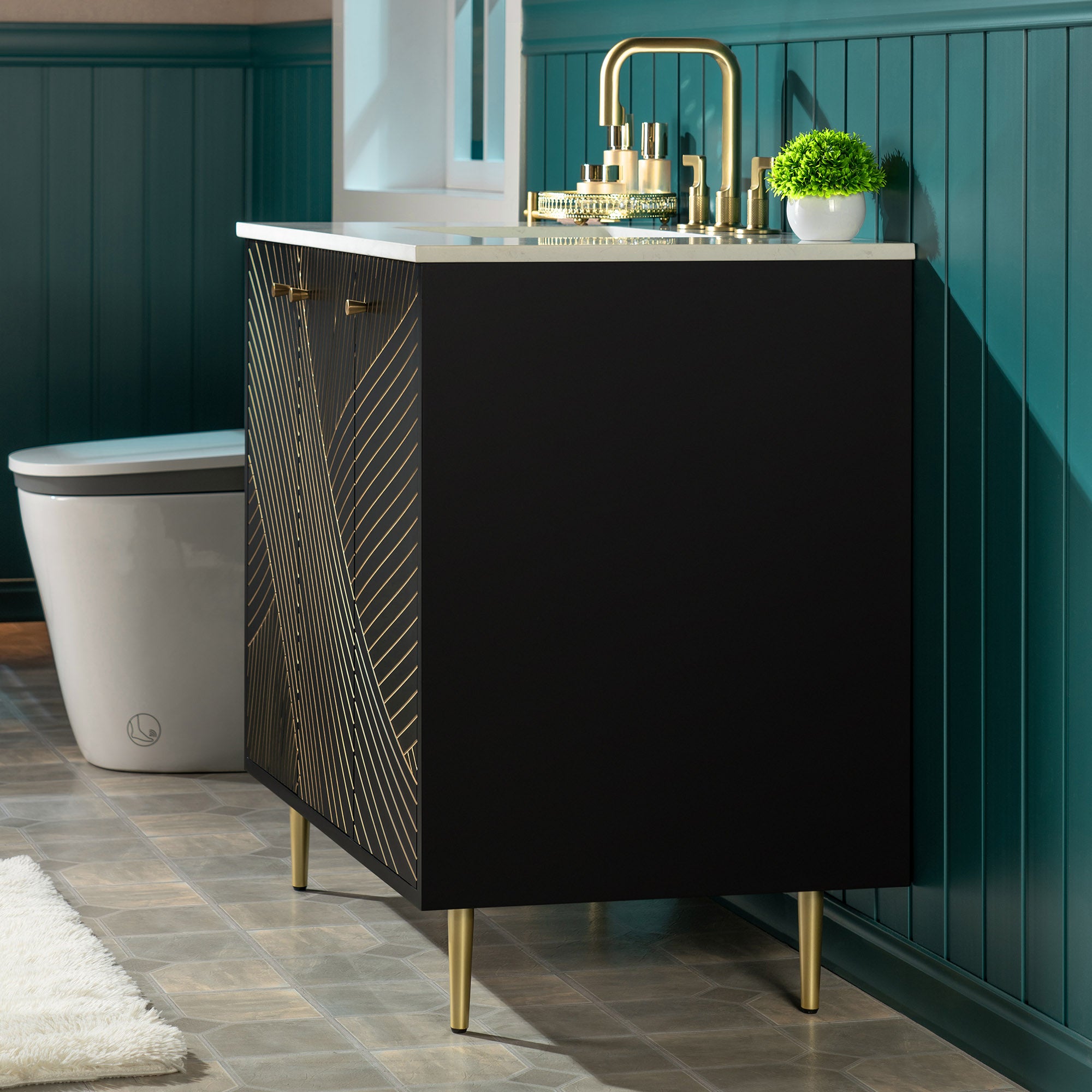 WOODBRIDGE 36" Modern Bathroom Vanity with White Engineered Stone Top, Undermount Sink & Hand-Painted Black/Gold Accents – Space-Saving Thin-Leg Design, Ideal for Small Bathrooms.