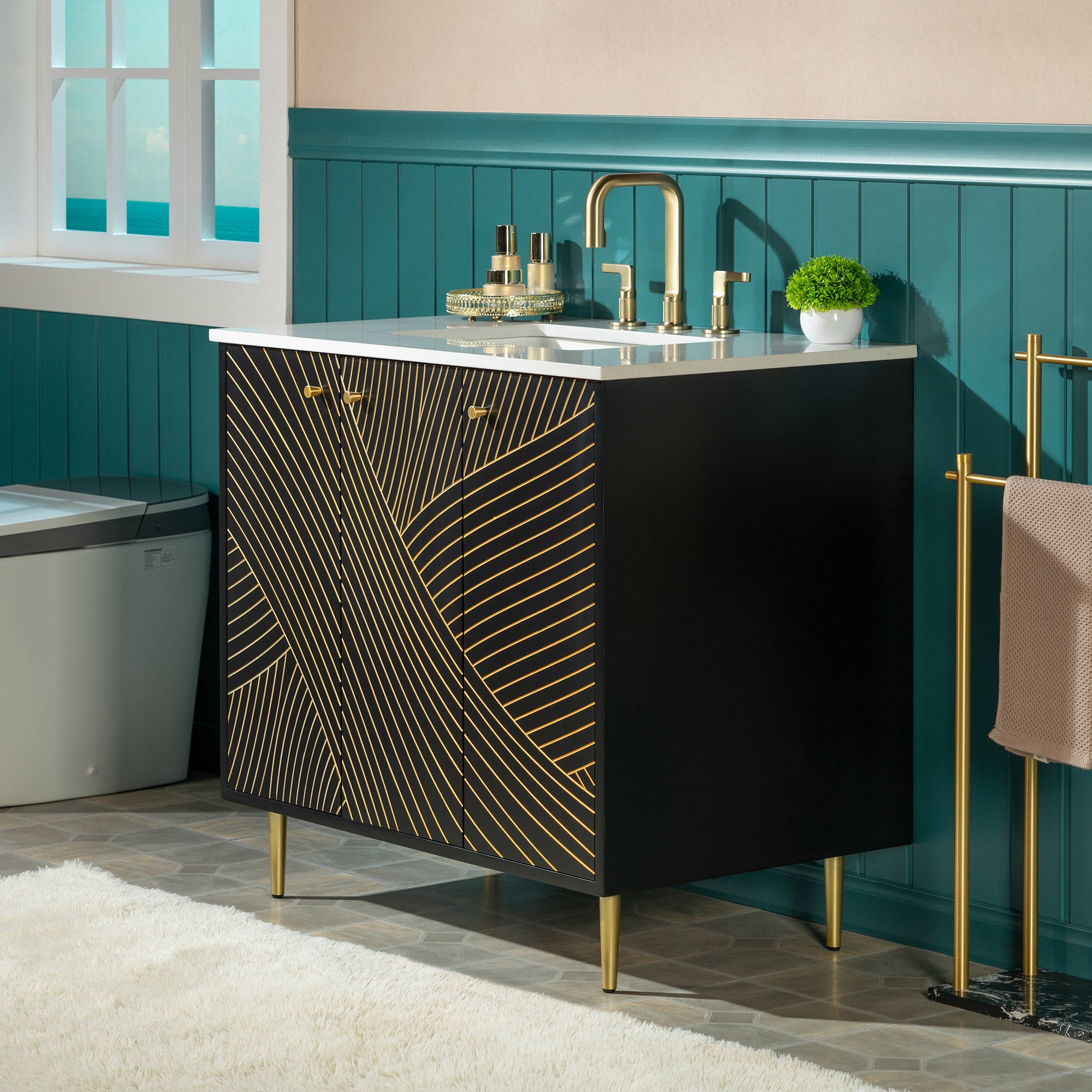 WOODBRIDGE 36" Modern Bathroom Vanity with White Engineered Stone Top, Undermount Sink & Hand-Painted Black/Gold Accents – Space-Saving Thin-Leg Design, Ideal for Small Bathrooms.