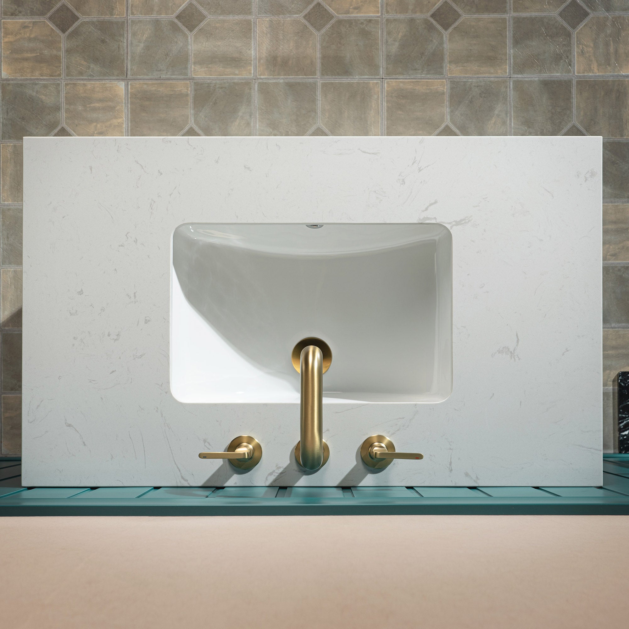 WOODBRIDGE 36" Modern Bathroom Vanity with White Engineered Stone Top, Undermount Sink & Hand-Painted Black/Gold Accents – Space-Saving Thin-Leg Design, Ideal for Small Bathrooms.