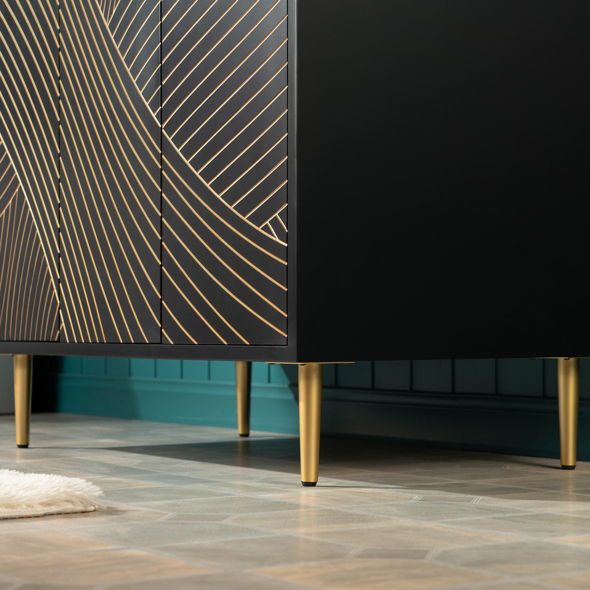 WOODBRIDGE 36" Modern Bathroom Vanity with White Engineered Stone Top, Undermount Sink & Hand-Painted Black/Gold Accents – Space-Saving Thin-Leg Design, Ideal for Small Bathrooms.