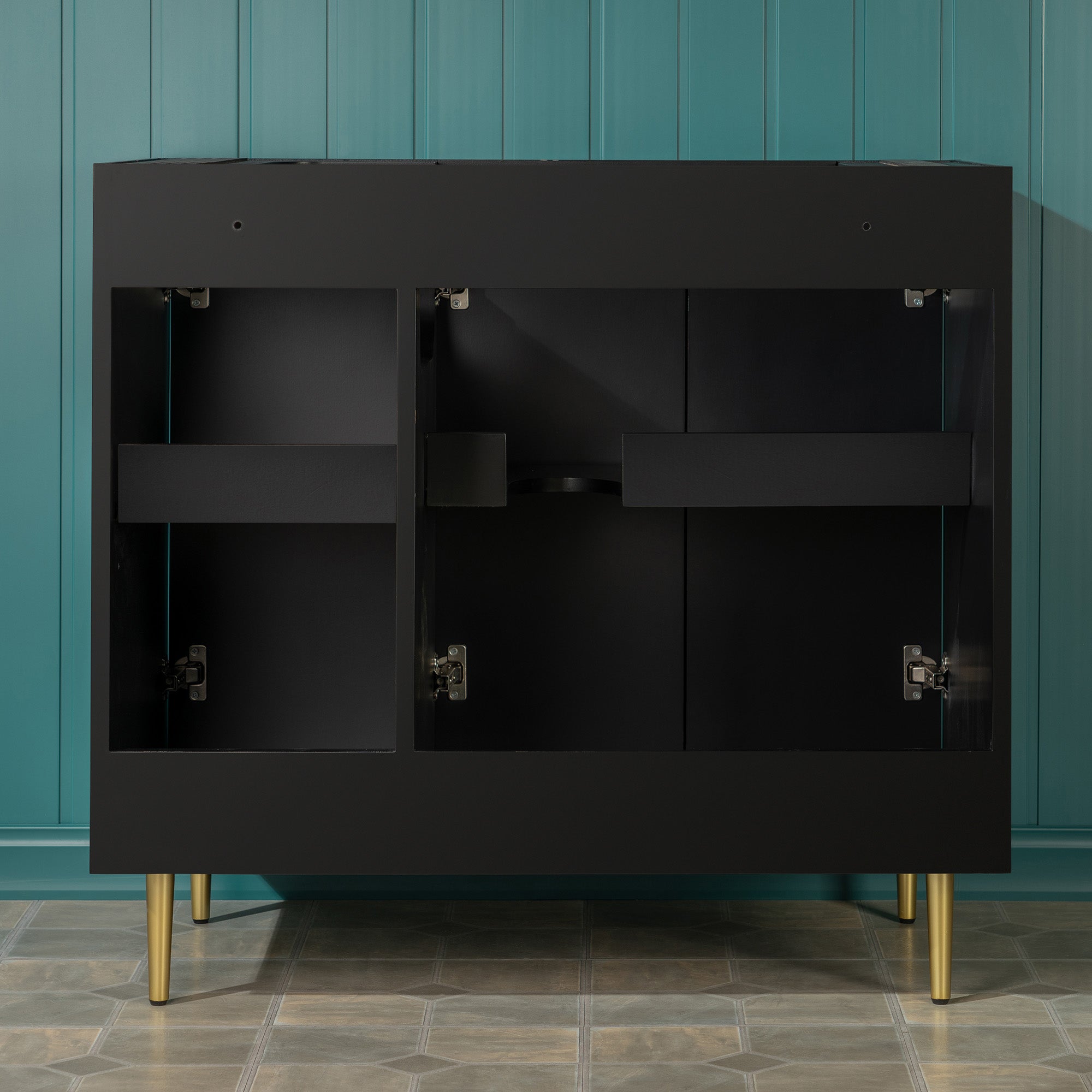 WOODBRIDGE 36" Modern Bathroom Vanity with White Engineered Stone Top, Undermount Sink & Hand-Painted Black/Gold Accents – Space-Saving Thin-Leg Design, Ideal for Small Bathrooms.