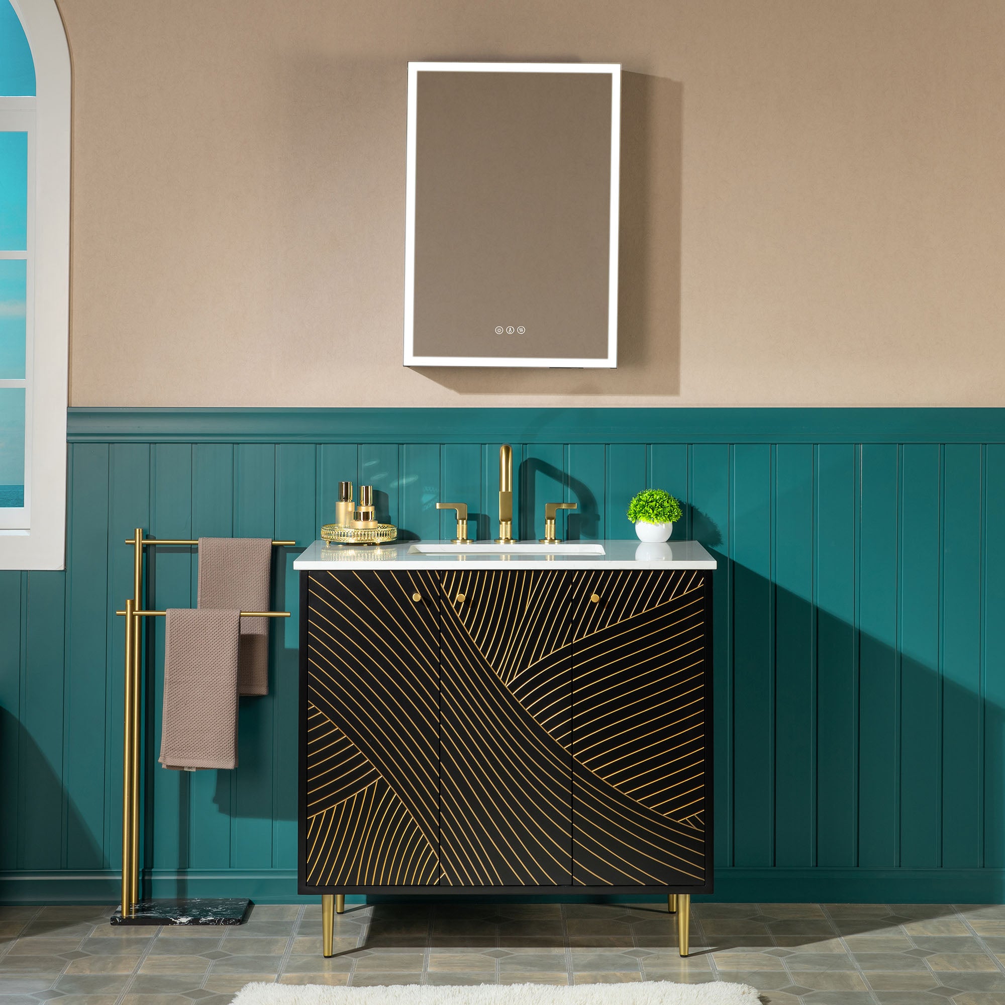 WOODBRIDGE 36" Modern Bathroom Vanity with White Engineered Stone Top, Undermount Sink & Hand-Painted Black/Gold Accents – Space-Saving Thin-Leg Design, Ideal for Small Bathrooms.