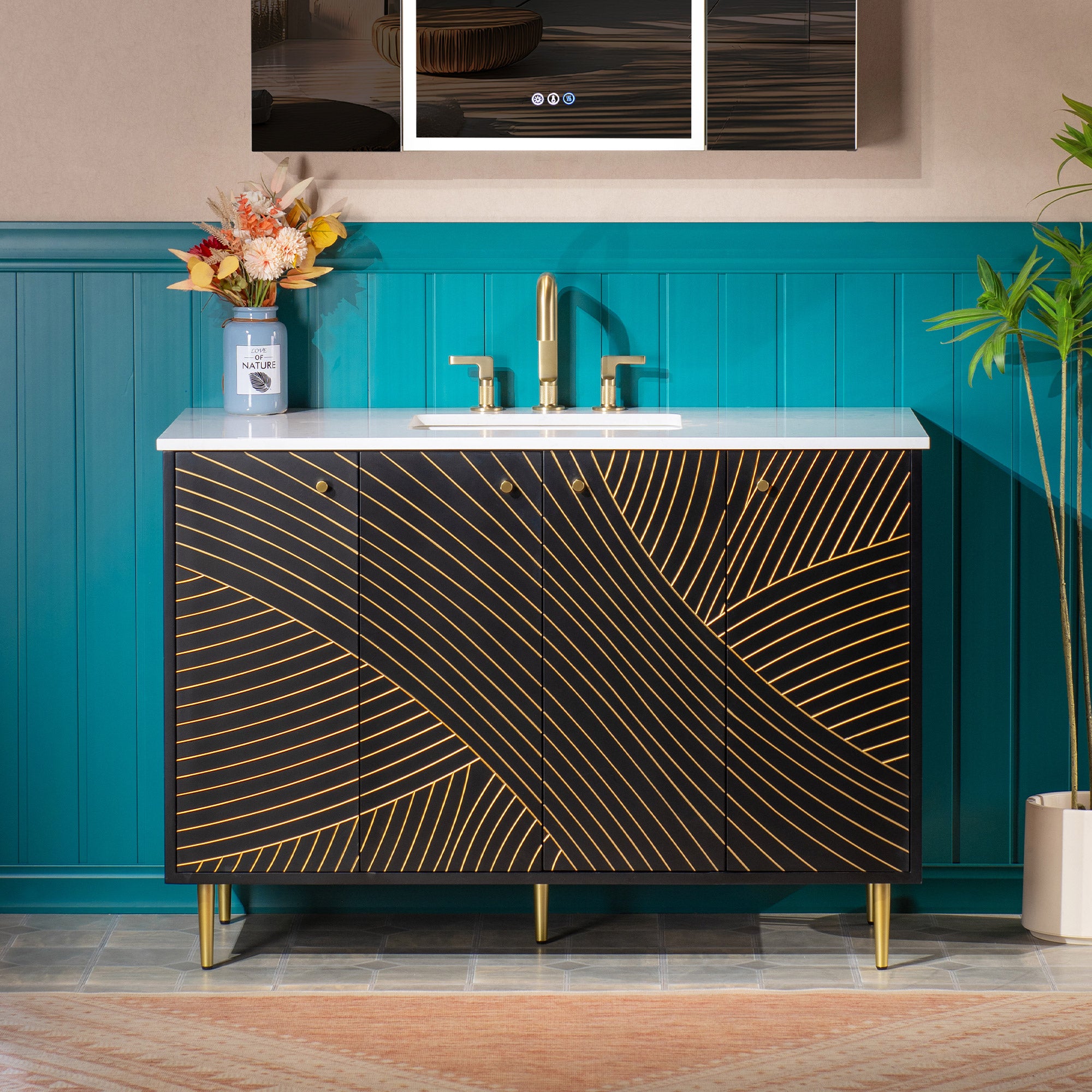 WOODBRIDGE 36" Modern Bathroom Vanity with White Engineered Stone Top, Undermount Sink & Hand-Painted Black/Gold Accents – Space-Saving Thin-Leg Design, Ideal for Small Bathrooms.