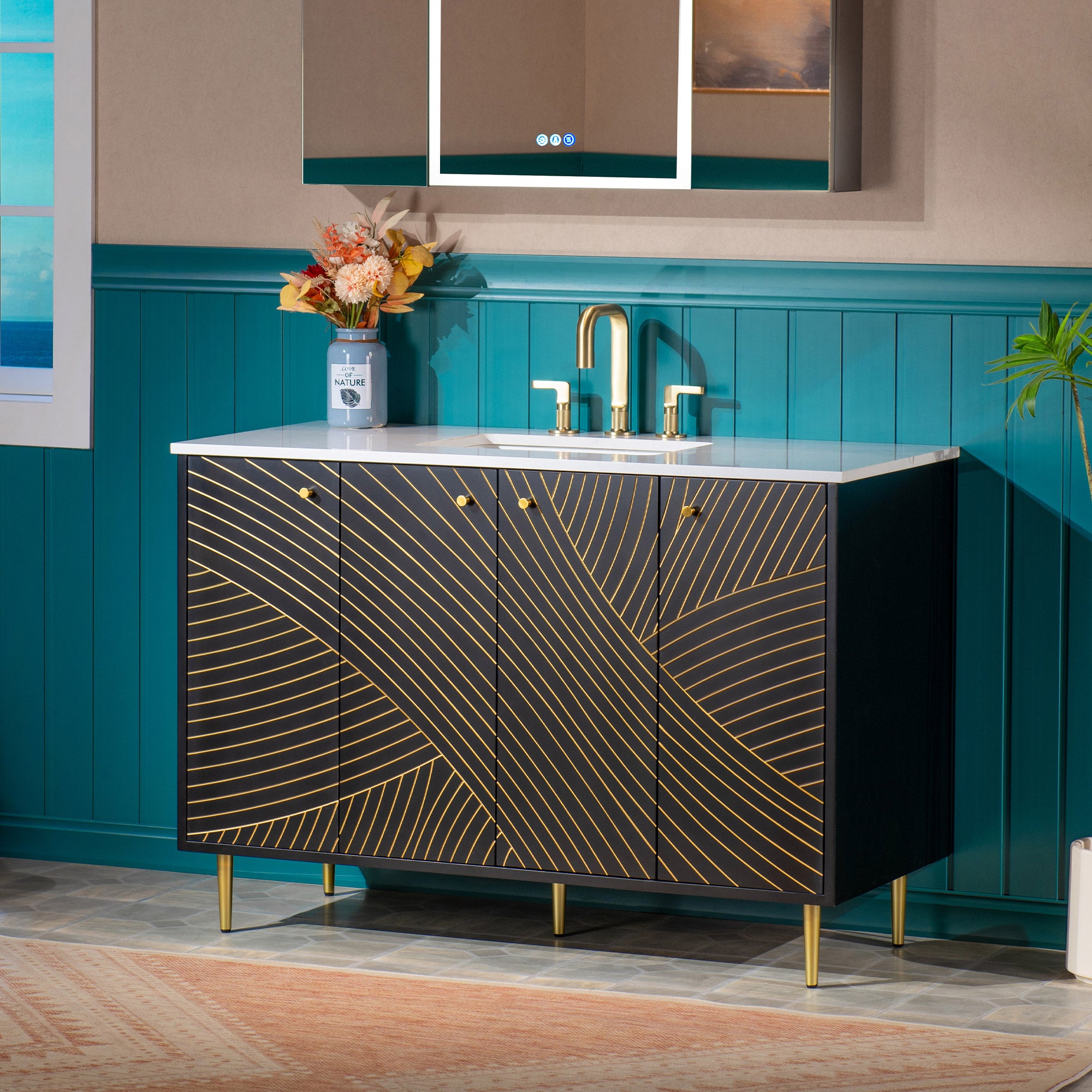 WOODBRIDGE 36" Modern Bathroom Vanity with White Engineered Stone Top, Undermount Sink & Hand-Painted Black/Gold Accents – Space-Saving Thin-Leg Design, Ideal for Small Bathrooms.