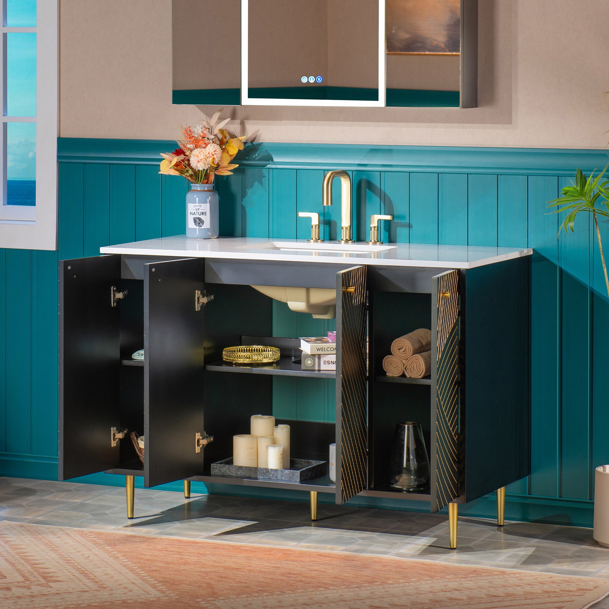 WOODBRIDGE 36" Modern Bathroom Vanity with White Engineered Stone Top, Undermount Sink & Hand-Painted Black/Gold Accents – Space-Saving Thin-Leg Design, Ideal for Small Bathrooms.