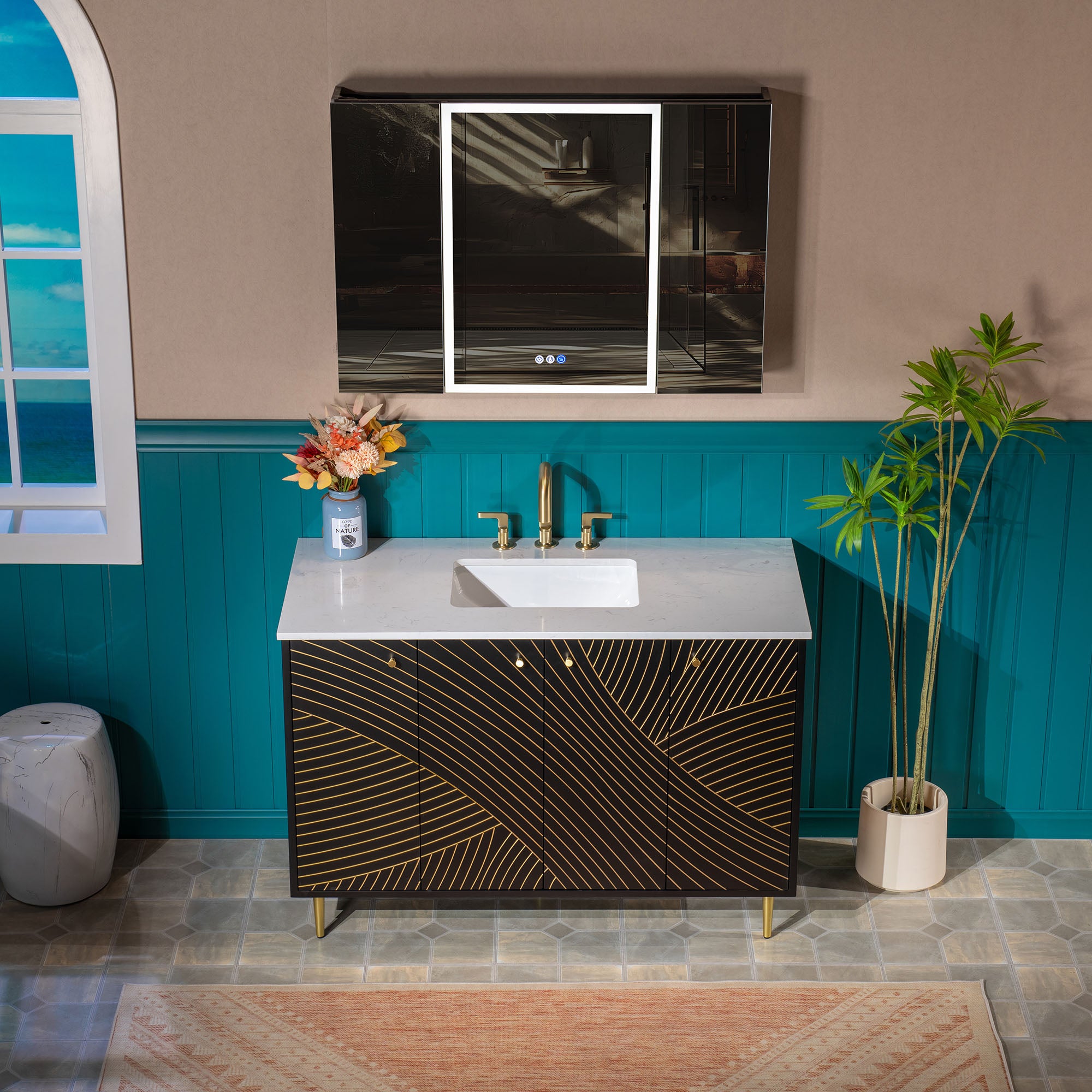 WOODBRIDGE 36" Modern Bathroom Vanity with White Engineered Stone Top, Undermount Sink & Hand-Painted Black/Gold Accents – Space-Saving Thin-Leg Design, Ideal for Small Bathrooms.