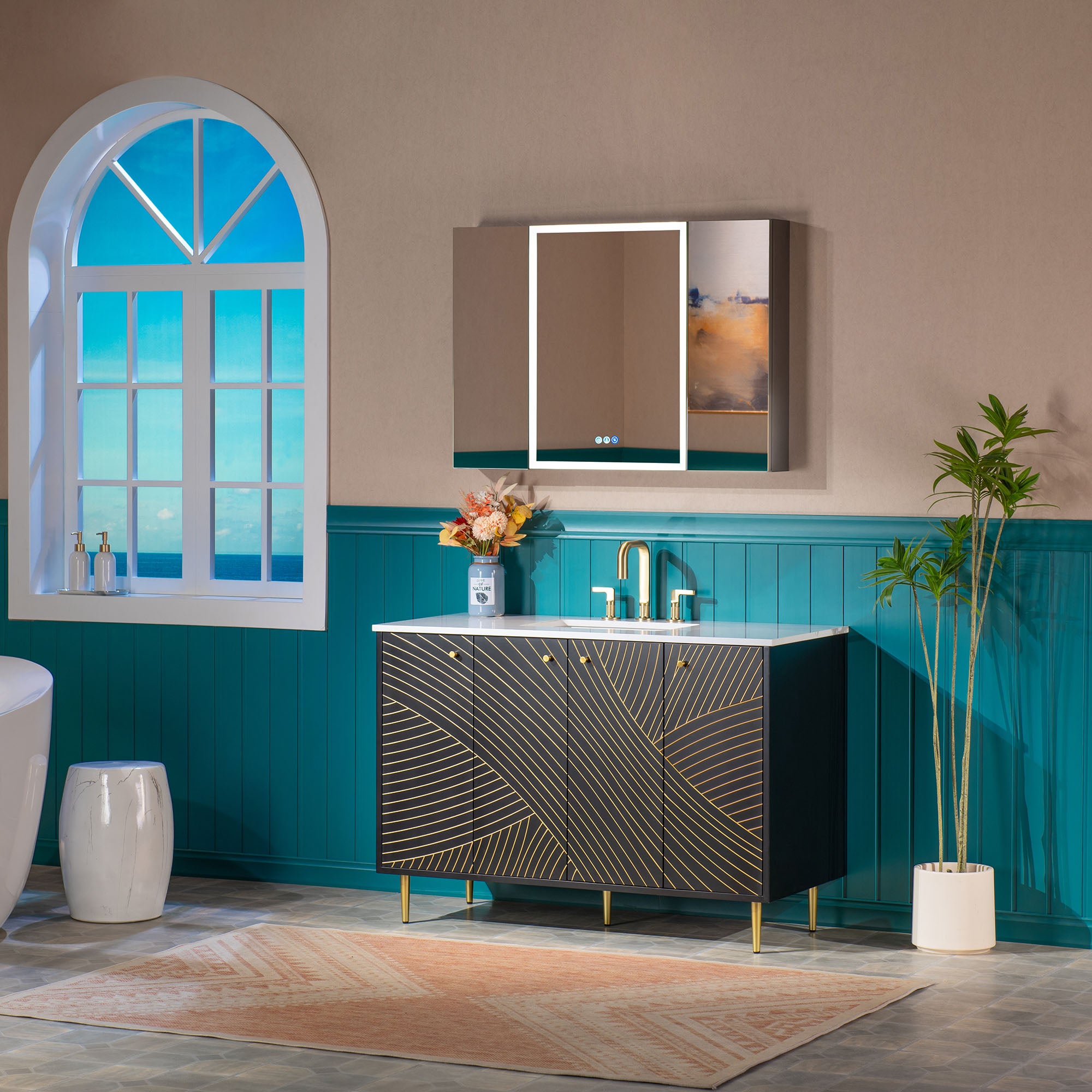 WOODBRIDGE 36" Modern Bathroom Vanity with White Engineered Stone Top, Undermount Sink & Hand-Painted Black/Gold Accents – Space-Saving Thin-Leg Design, Ideal for Small Bathrooms.
