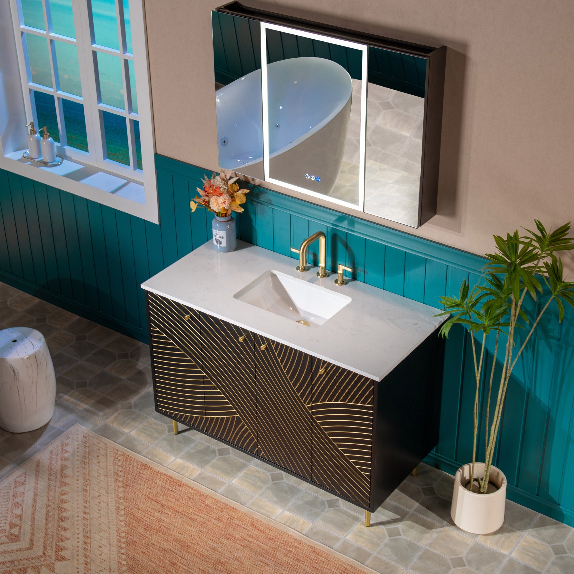 WOODBRIDGE 36" Modern Bathroom Vanity with White Engineered Stone Top, Undermount Sink & Hand-Painted Black/Gold Accents – Space-Saving Thin-Leg Design, Ideal for Small Bathrooms.