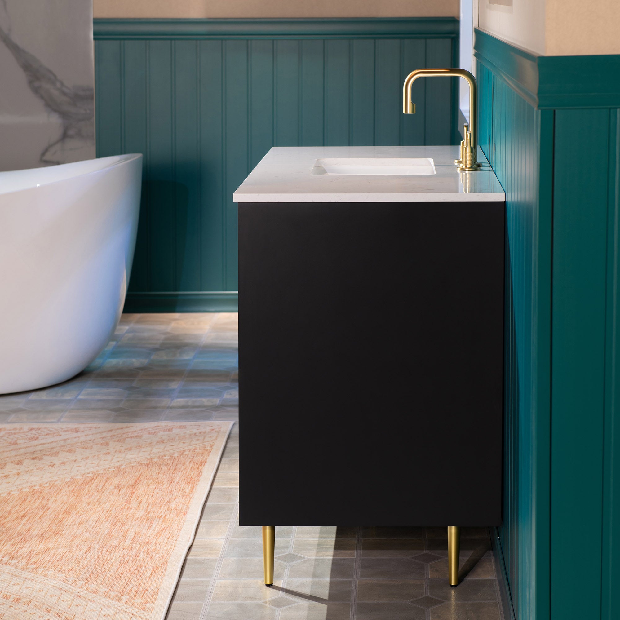 WOODBRIDGE 36" Modern Bathroom Vanity with White Engineered Stone Top, Undermount Sink & Hand-Painted Black/Gold Accents – Space-Saving Thin-Leg Design, Ideal for Small Bathrooms.