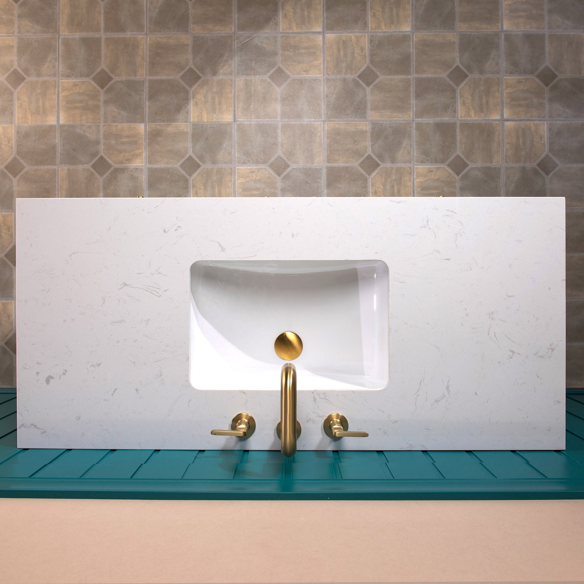 WOODBRIDGE 36" Modern Bathroom Vanity with White Engineered Stone Top, Undermount Sink & Hand-Painted Black/Gold Accents – Space-Saving Thin-Leg Design, Ideal for Small Bathrooms.