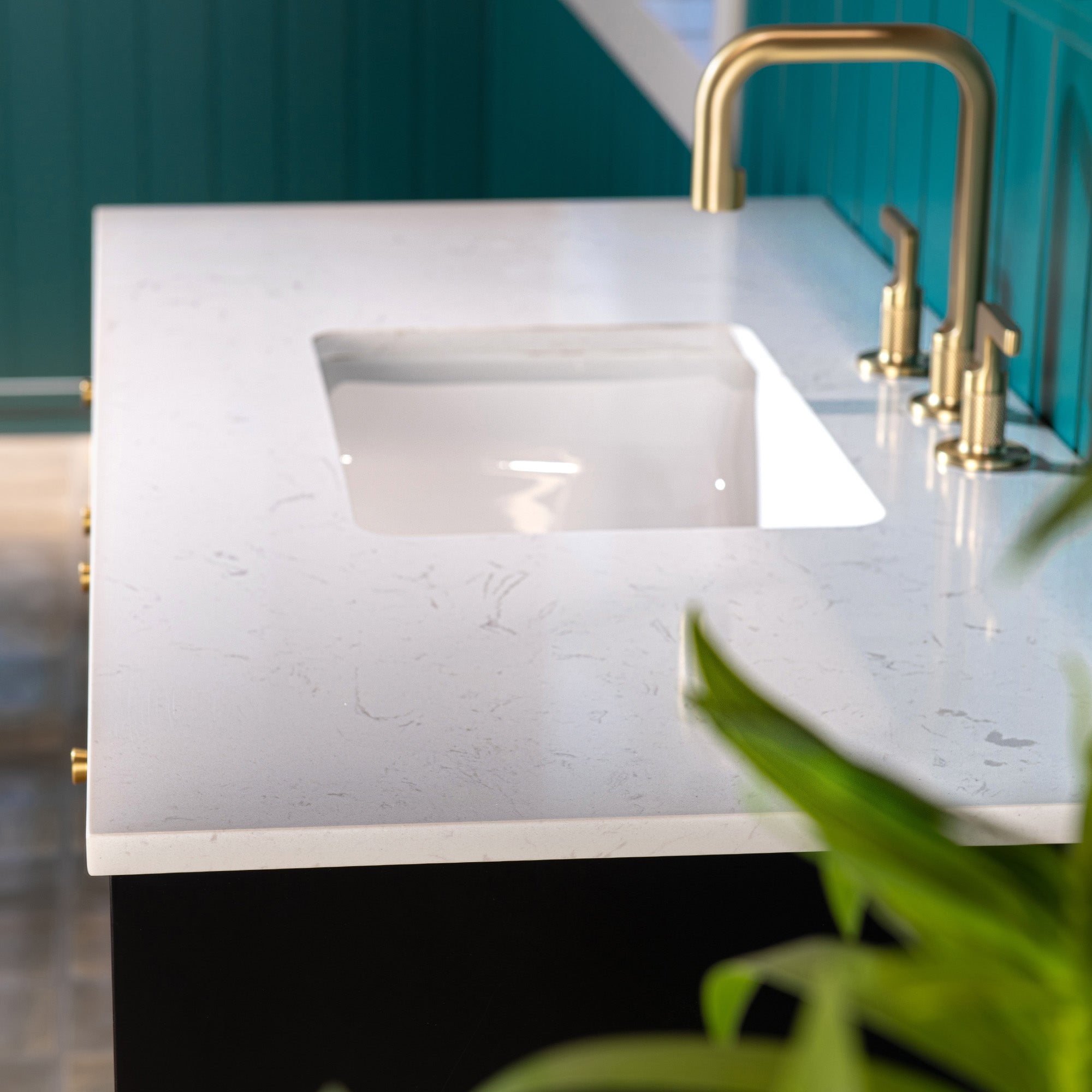 WOODBRIDGE 36" Modern Bathroom Vanity with White Engineered Stone Top, Undermount Sink & Hand-Painted Black/Gold Accents – Space-Saving Thin-Leg Design, Ideal for Small Bathrooms.