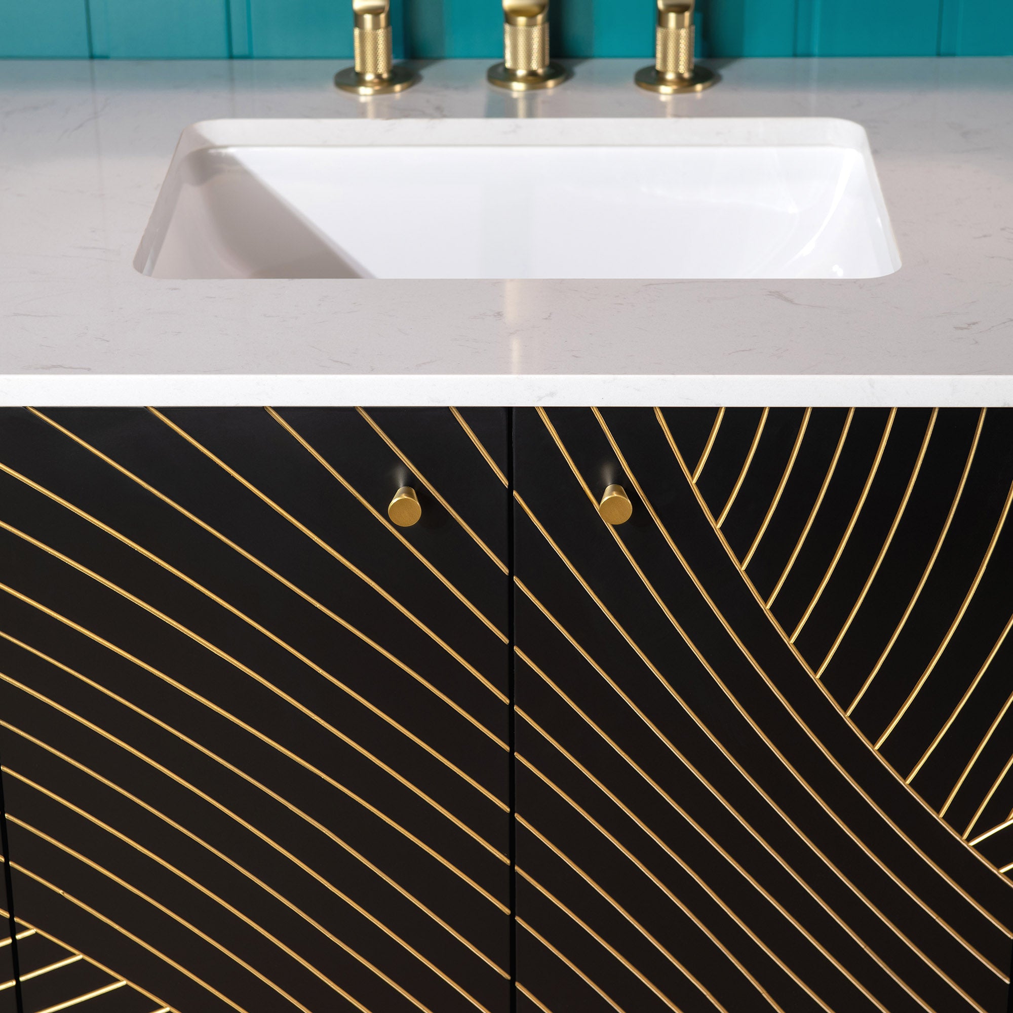 WOODBRIDGE 36" Modern Bathroom Vanity with White Engineered Stone Top, Undermount Sink & Hand-Painted Black/Gold Accents – Space-Saving Thin-Leg Design, Ideal for Small Bathrooms.