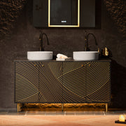 WOODBRIDGE 60" x 22" Bathroom Vanity with Double Round Ceramic Vessel Sinks & Black Engineered Stone Top – Sleek Frame, Hand-Painted Black/Gold Details, Modern Thin-Leg Design.