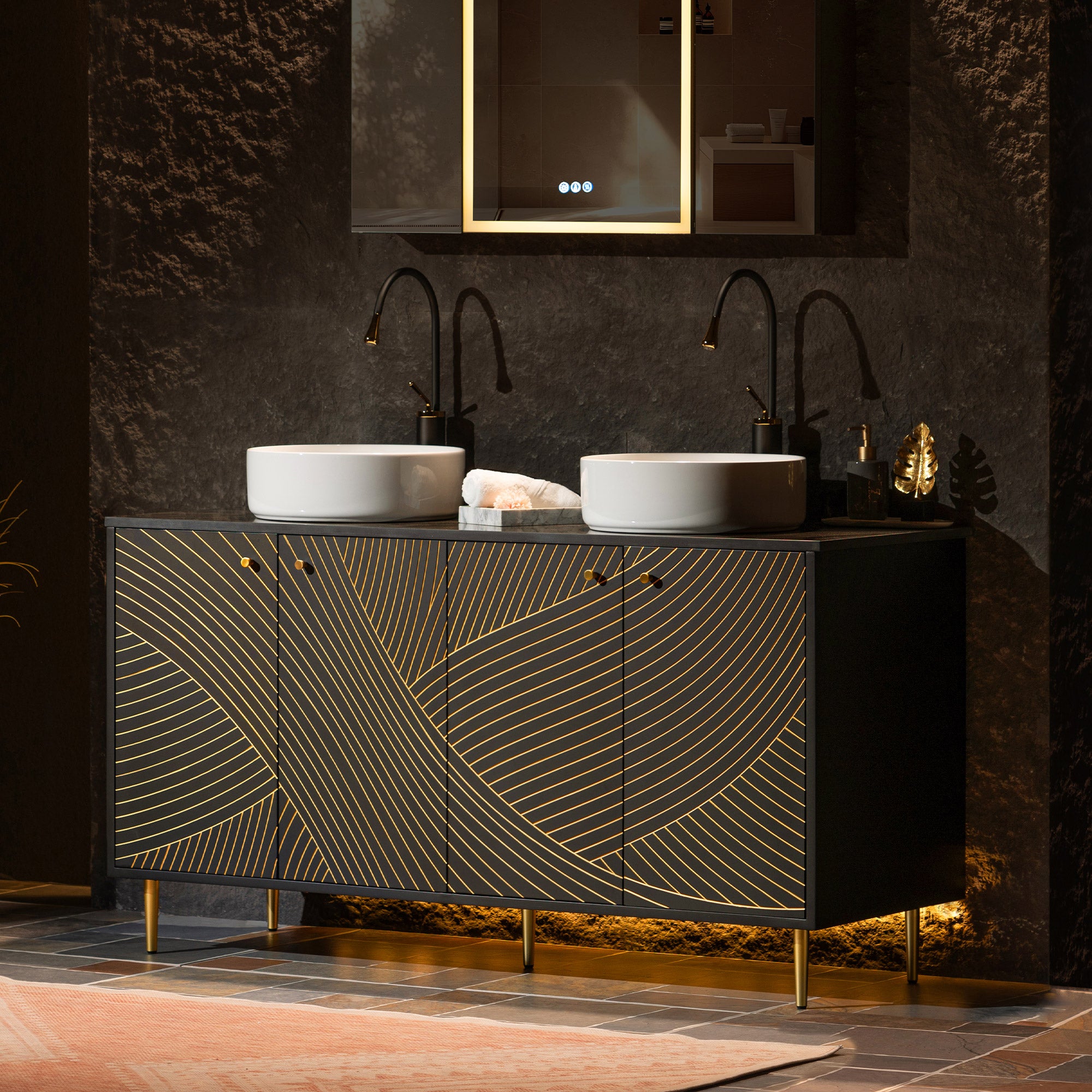 WOODBRIDGE 60" x 22" Bathroom Vanity with Double Round Ceramic Vessel Sinks & Black Engineered Stone Top – Sleek Frame, Hand-Painted Black/Gold Details, Modern Thin-Leg Design.