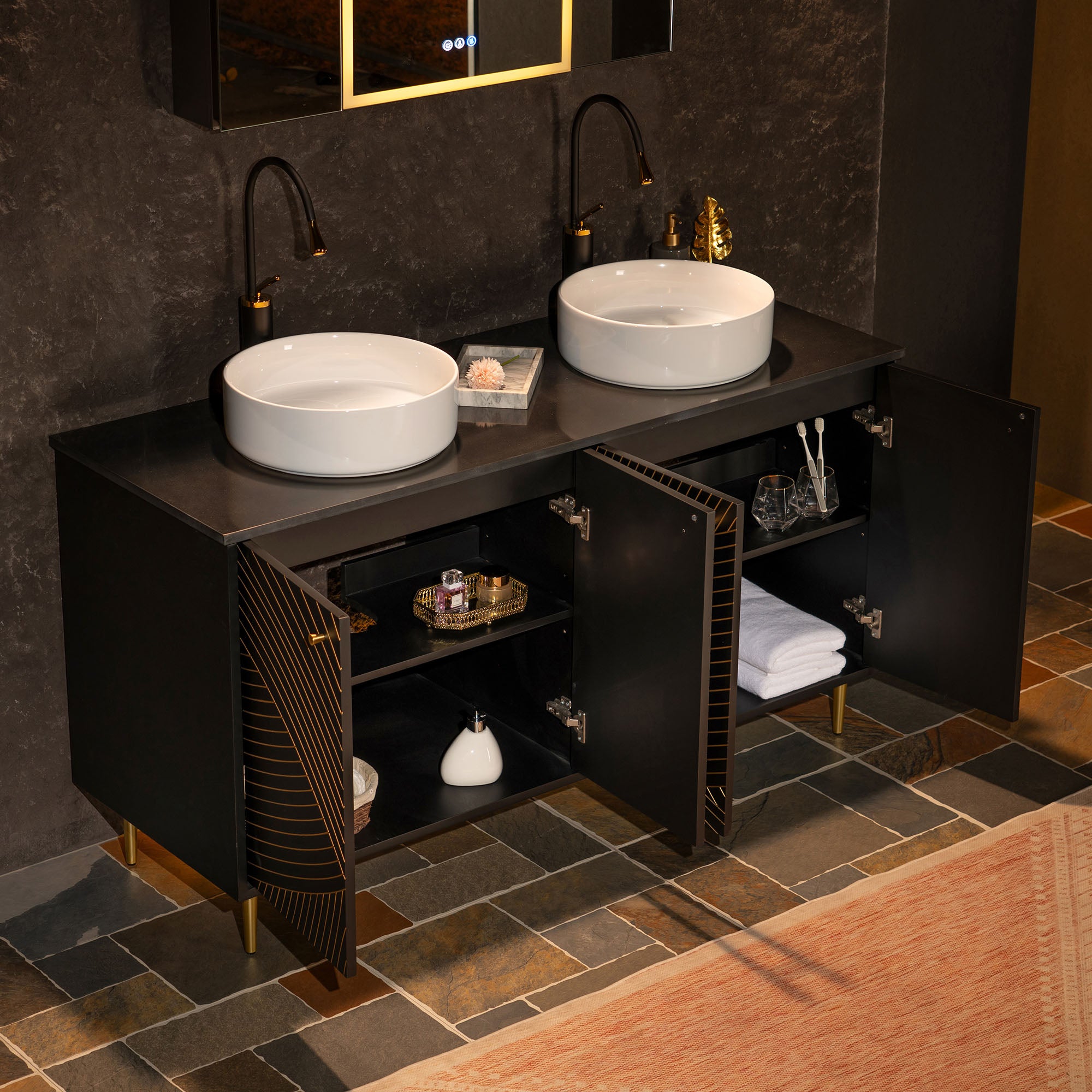 WOODBRIDGE 60" x 22" Bathroom Vanity with Double Round Ceramic Vessel Sinks & Black Engineered Stone Top – Sleek Frame, Hand-Painted Black/Gold Details, Modern Thin-Leg Design.