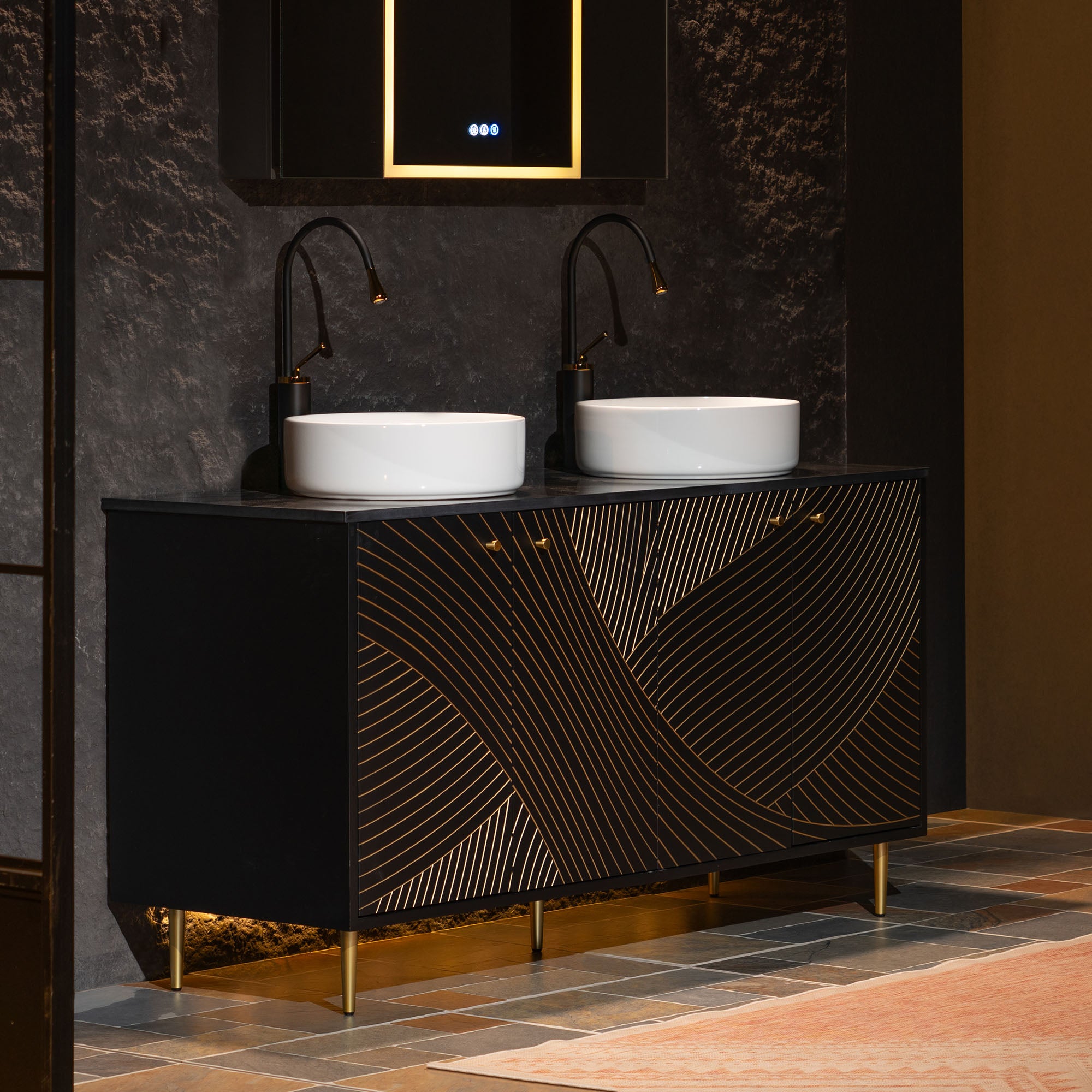 WOODBRIDGE 60" x 22" Bathroom Vanity with Double Round Ceramic Vessel Sinks & Black Engineered Stone Top – Sleek Frame, Hand-Painted Black/Gold Details, Modern Thin-Leg Design.
