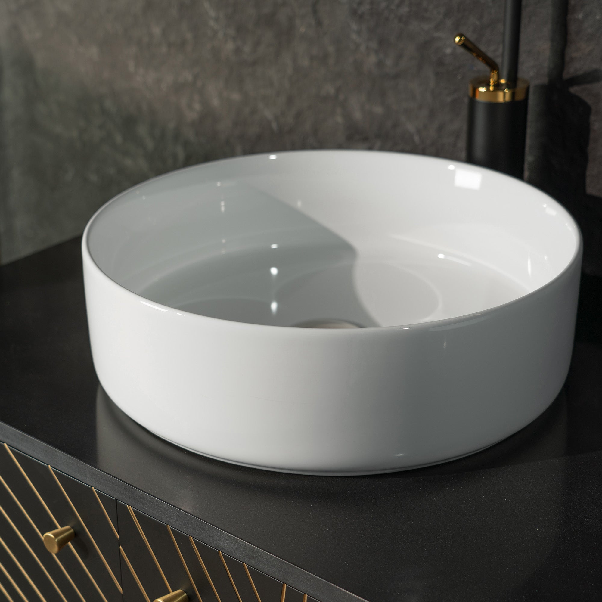 WOODBRIDGE 60" x 22" Bathroom Vanity with Double Round Ceramic Vessel Sinks & Black Engineered Stone Top – Sleek Frame, Hand-Painted Black/Gold Details, Modern Thin-Leg Design.