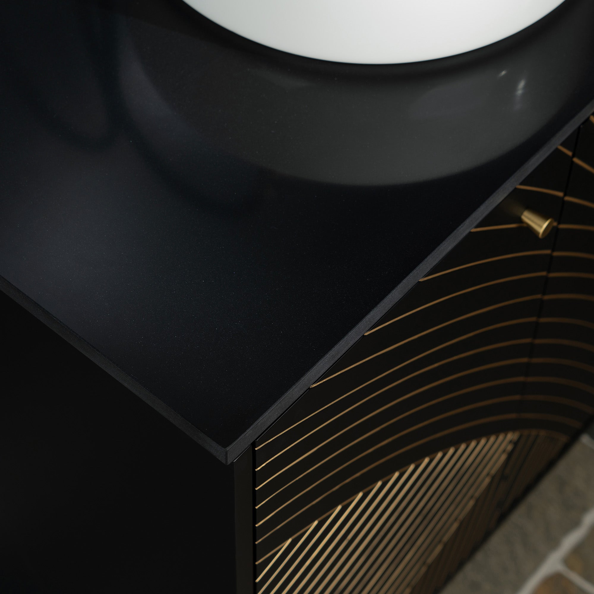 WOODBRIDGE 60" x 22" Bathroom Vanity with Double Round Ceramic Vessel Sinks & Black Engineered Stone Top – Sleek Frame, Hand-Painted Black/Gold Details, Modern Thin-Leg Design.
