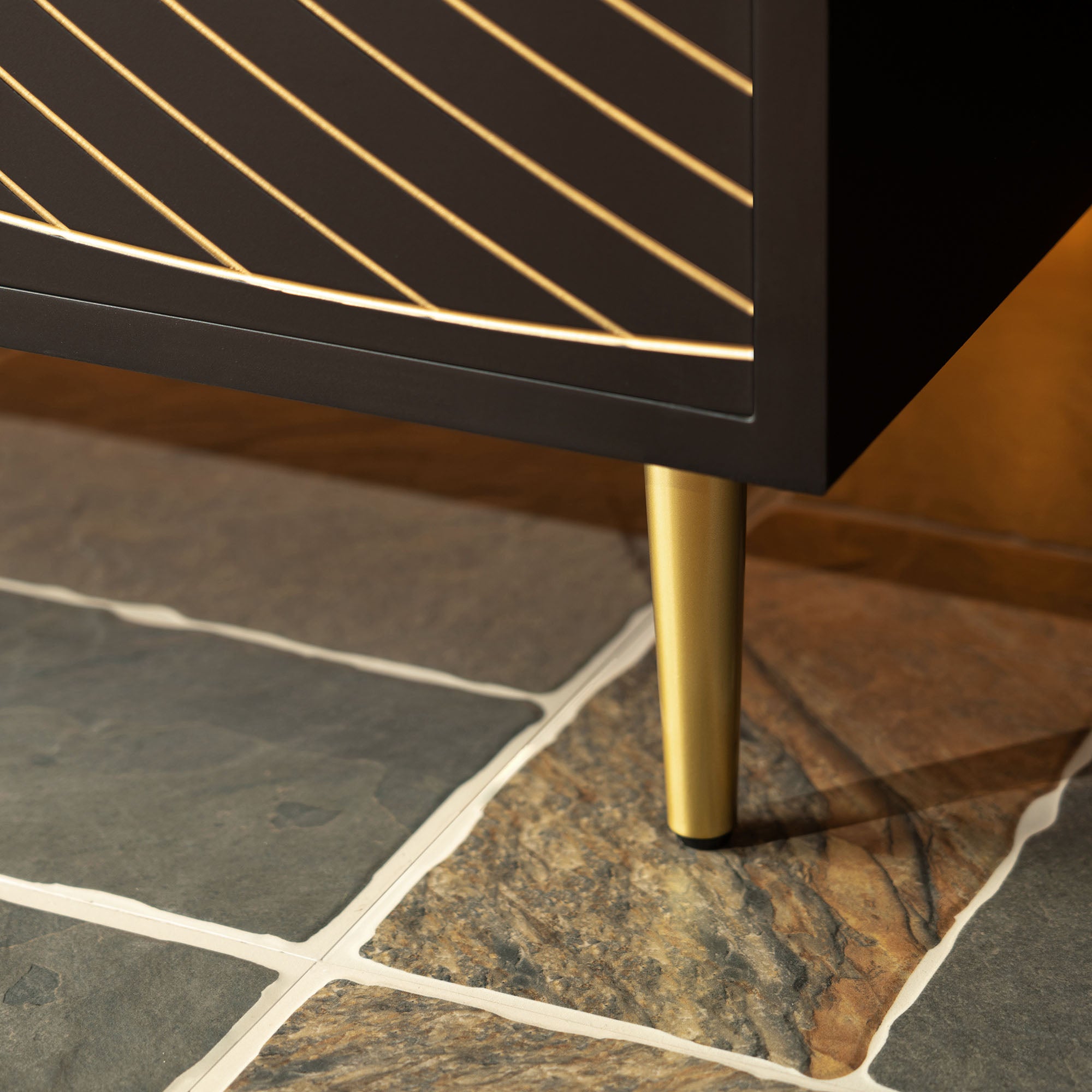 WOODBRIDGE 60" x 22" Bathroom Vanity with Double Round Ceramic Vessel Sinks & Black Engineered Stone Top – Sleek Frame, Hand-Painted Black/Gold Details, Modern Thin-Leg Design.