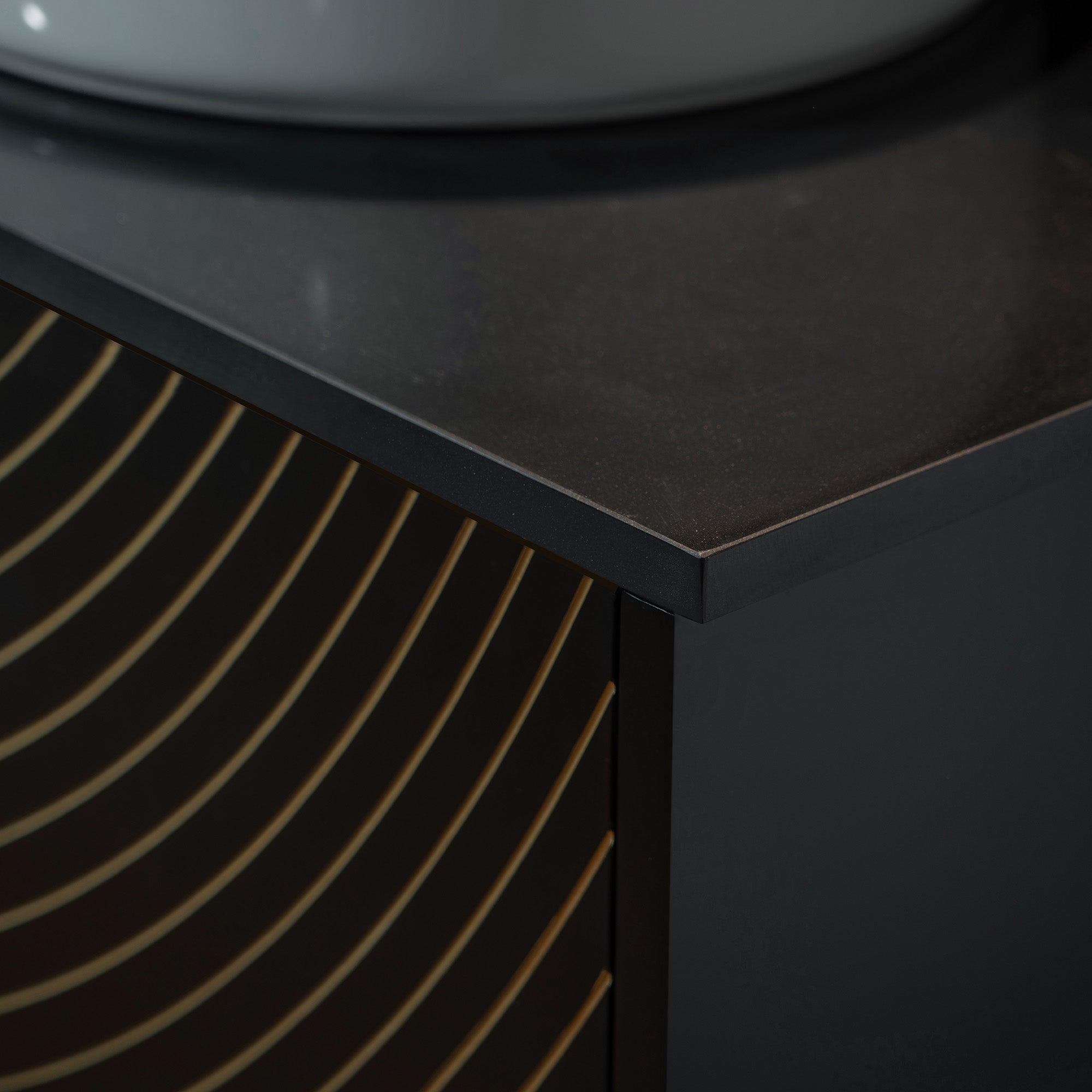 WOODBRIDGE 60" x 22" Bathroom Vanity with Double Round Ceramic Vessel Sinks & Black Engineered Stone Top – Sleek Frame, Hand-Painted Black/Gold Details, Modern Thin-Leg Design.