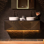 WOODBRIDGE 60" Wall Mounted Floating Bathroom Vanity – Double Ceramic Vessel Sinks, Black Engineered Stone Countertop & Hand-Painted Elegant Black/Gold Detailing, and Space-Saving Wall-Mount Style