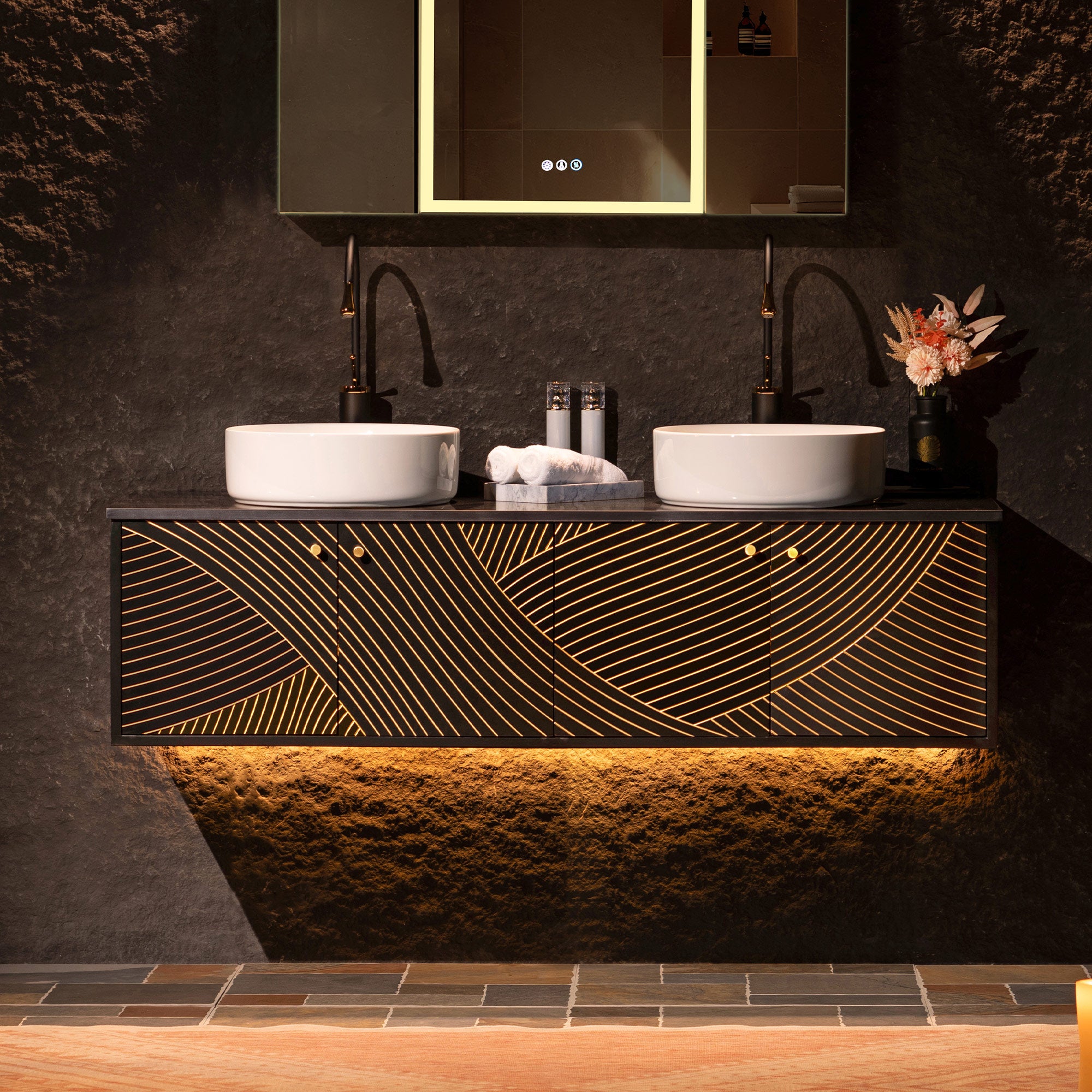 WOODBRIDGE 60" Wall Mounted Floating Bathroom Vanity – Double Ceramic Vessel Sinks, Black Engineered Stone Countertop & Hand-Painted Elegant Black/Gold Detailing, and Space-Saving Wall-Mount Style