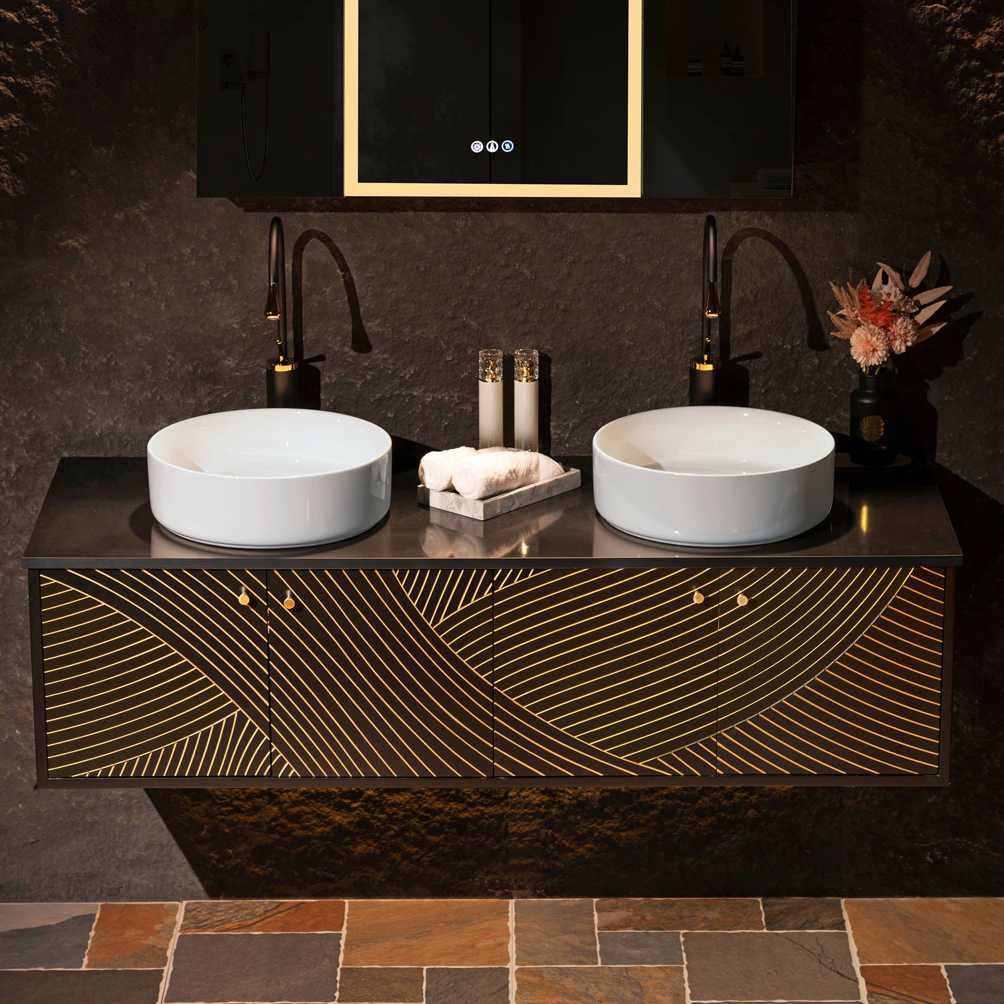 WOODBRIDGE 60" Wall Mounted Floating Bathroom Vanity – Double Ceramic Vessel Sinks, Black Engineered Stone Countertop & Hand-Painted Elegant Black/Gold Detailing, and Space-Saving Wall-Mount Style
