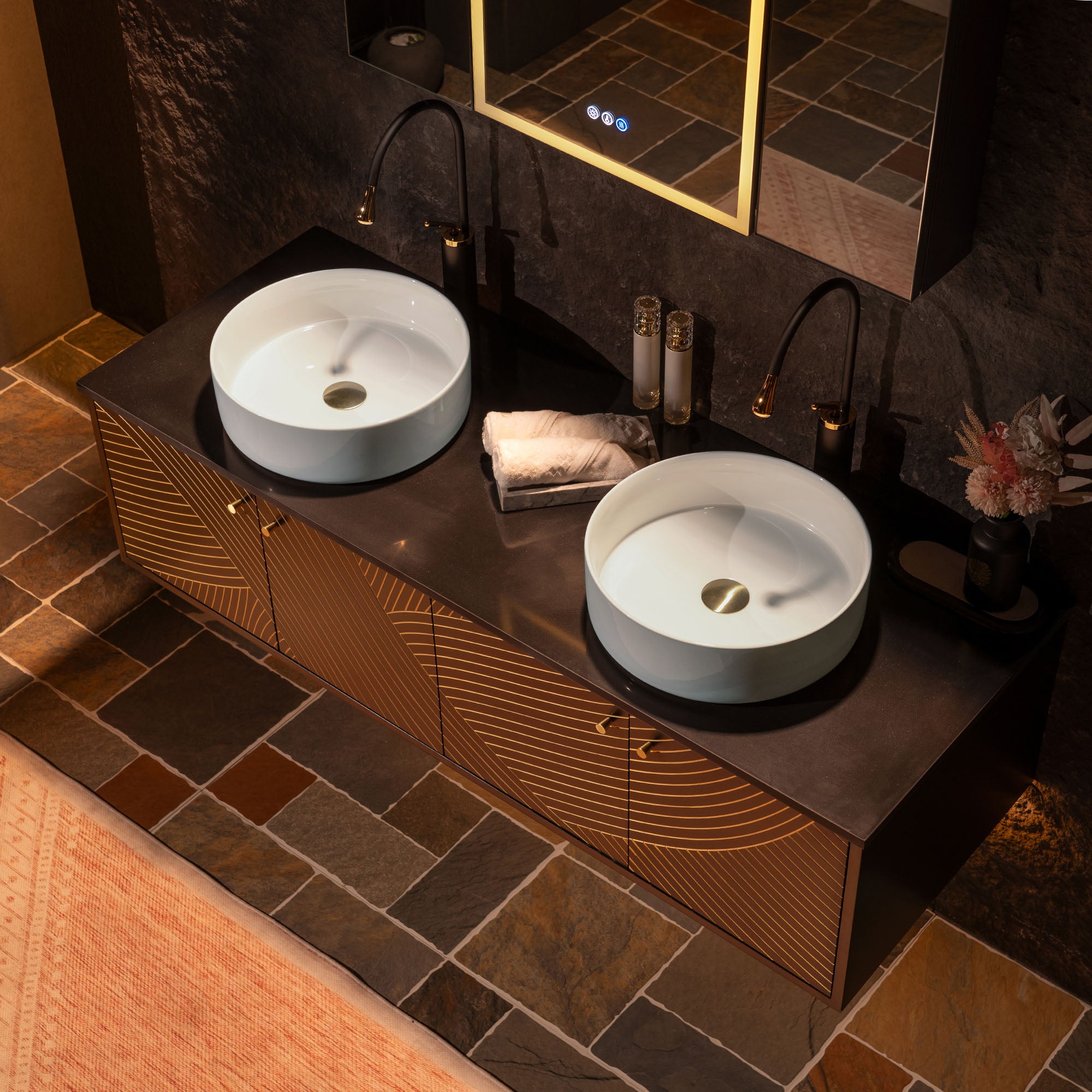 WOODBRIDGE 60" Wall Mounted Floating Bathroom Vanity – Double Ceramic Vessel Sinks, Black Engineered Stone Countertop & Hand-Painted Elegant Black/Gold Detailing, and Space-Saving Wall-Mount Style