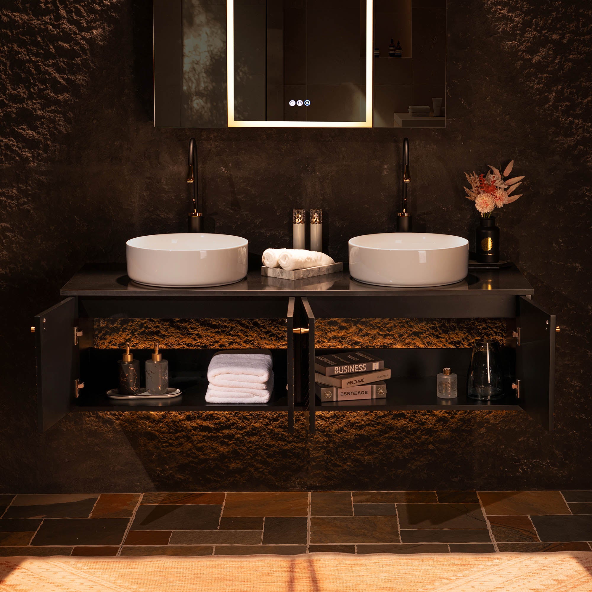 WOODBRIDGE 60" Wall Mounted Floating Bathroom Vanity – Double Ceramic Vessel Sinks, Black Engineered Stone Countertop & Hand-Painted Elegant Black/Gold Detailing, and Space-Saving Wall-Mount Style