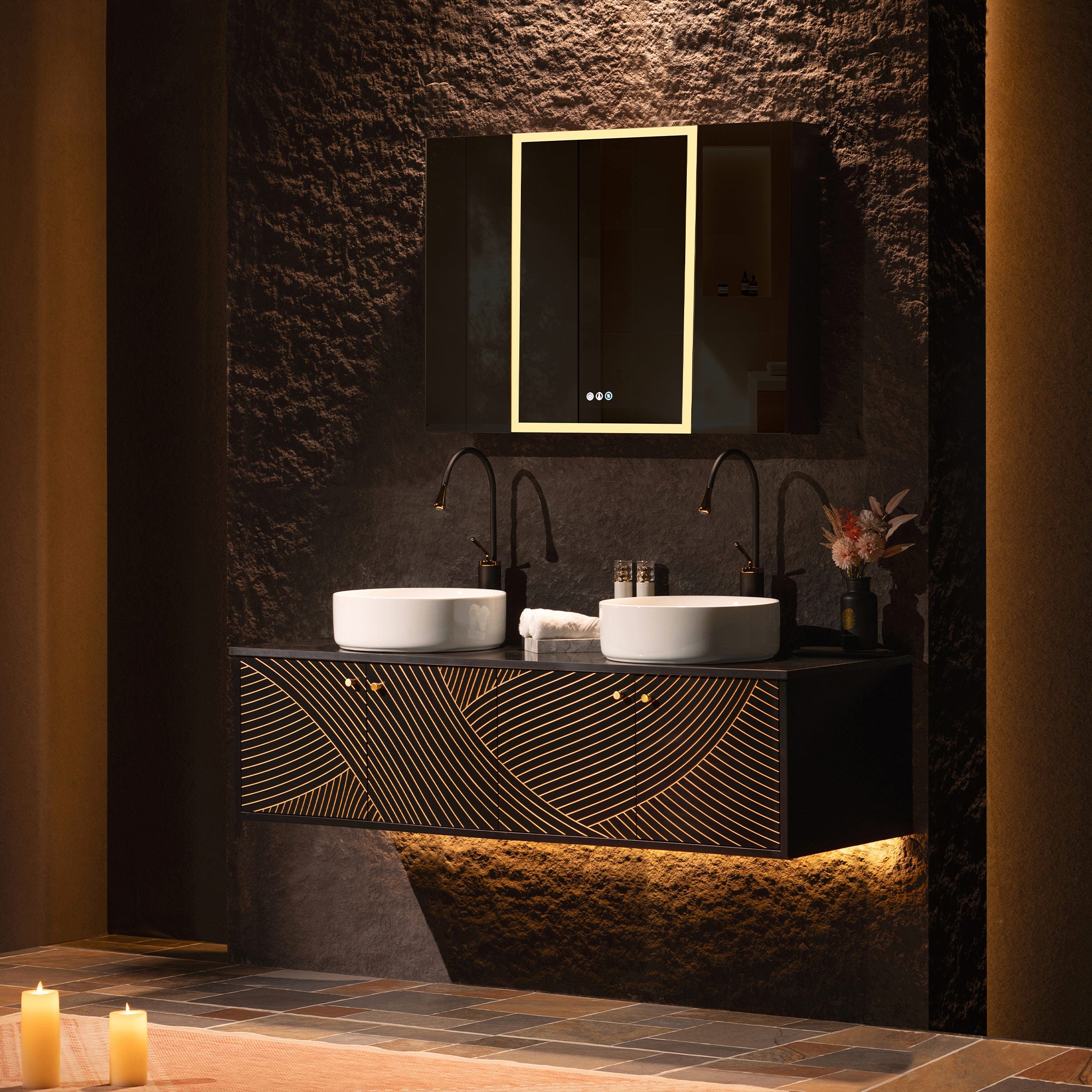 WOODBRIDGE 60" Wall Mounted Floating Bathroom Vanity – Double Ceramic Vessel Sinks, Black Engineered Stone Countertop & Hand-Painted Elegant Black/Gold Detailing, and Space-Saving Wall-Mount Style