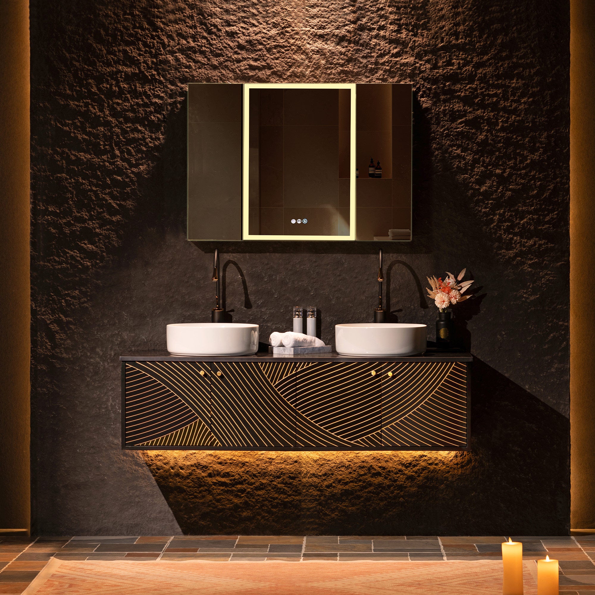 WOODBRIDGE 60" Wall Mounted Floating Bathroom Vanity – Double Ceramic Vessel Sinks, Black Engineered Stone Countertop & Hand-Painted Elegant Black/Gold Detailing, and Space-Saving Wall-Mount Style