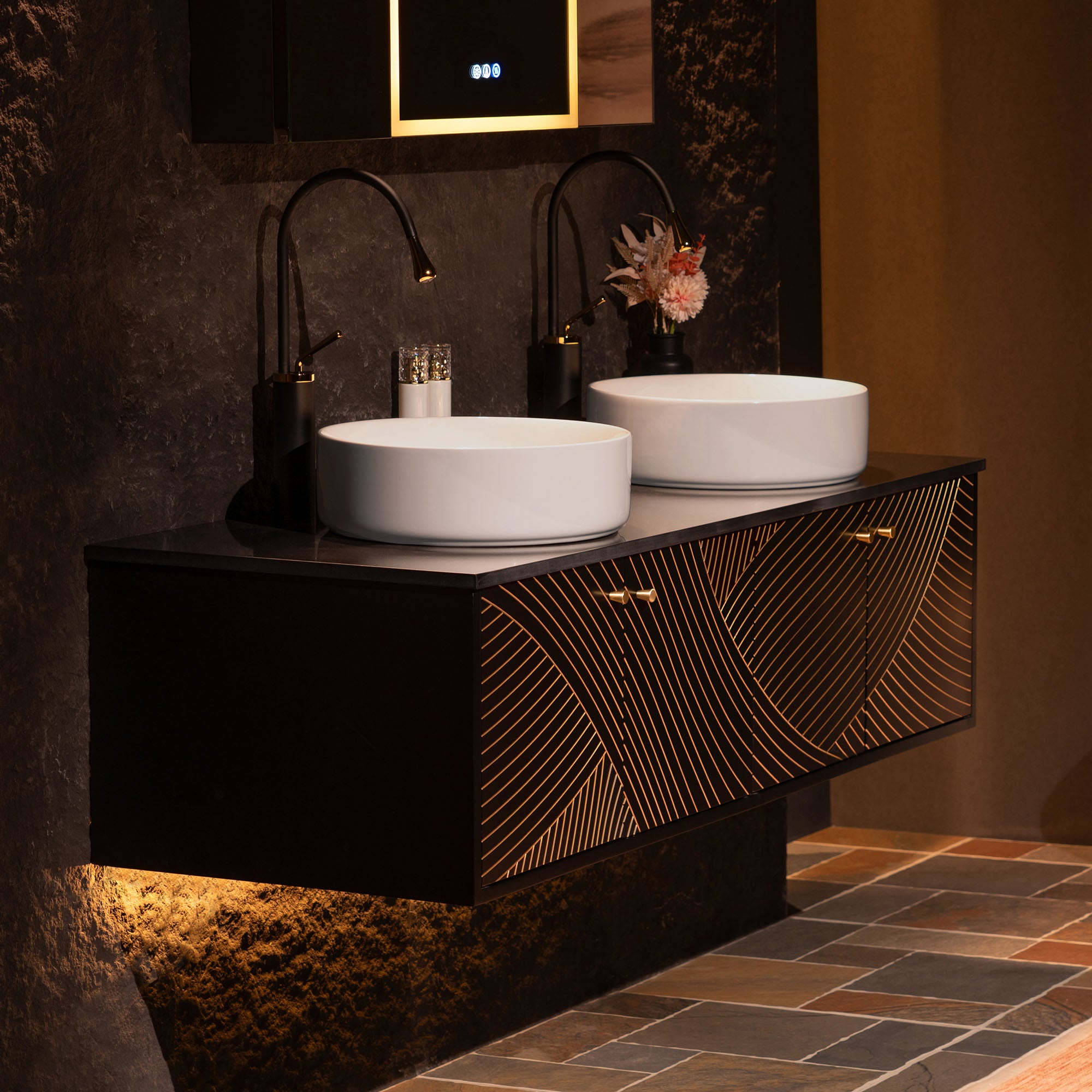 WOODBRIDGE 60" Wall Mounted Floating Bathroom Vanity – Double Ceramic Vessel Sinks, Black Engineered Stone Countertop & Hand-Painted Elegant Black/Gold Detailing, and Space-Saving Wall-Mount Style